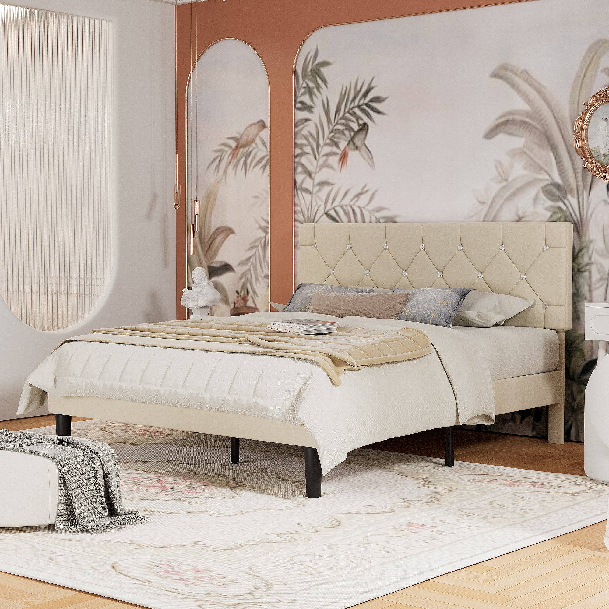 Left. Vecelo - Queen Bed Frame with Upholstered Headboard, Heavy Duty Wooden Bed Slats - Noiseless Platform Bed, No Box Spring Required - Beige.