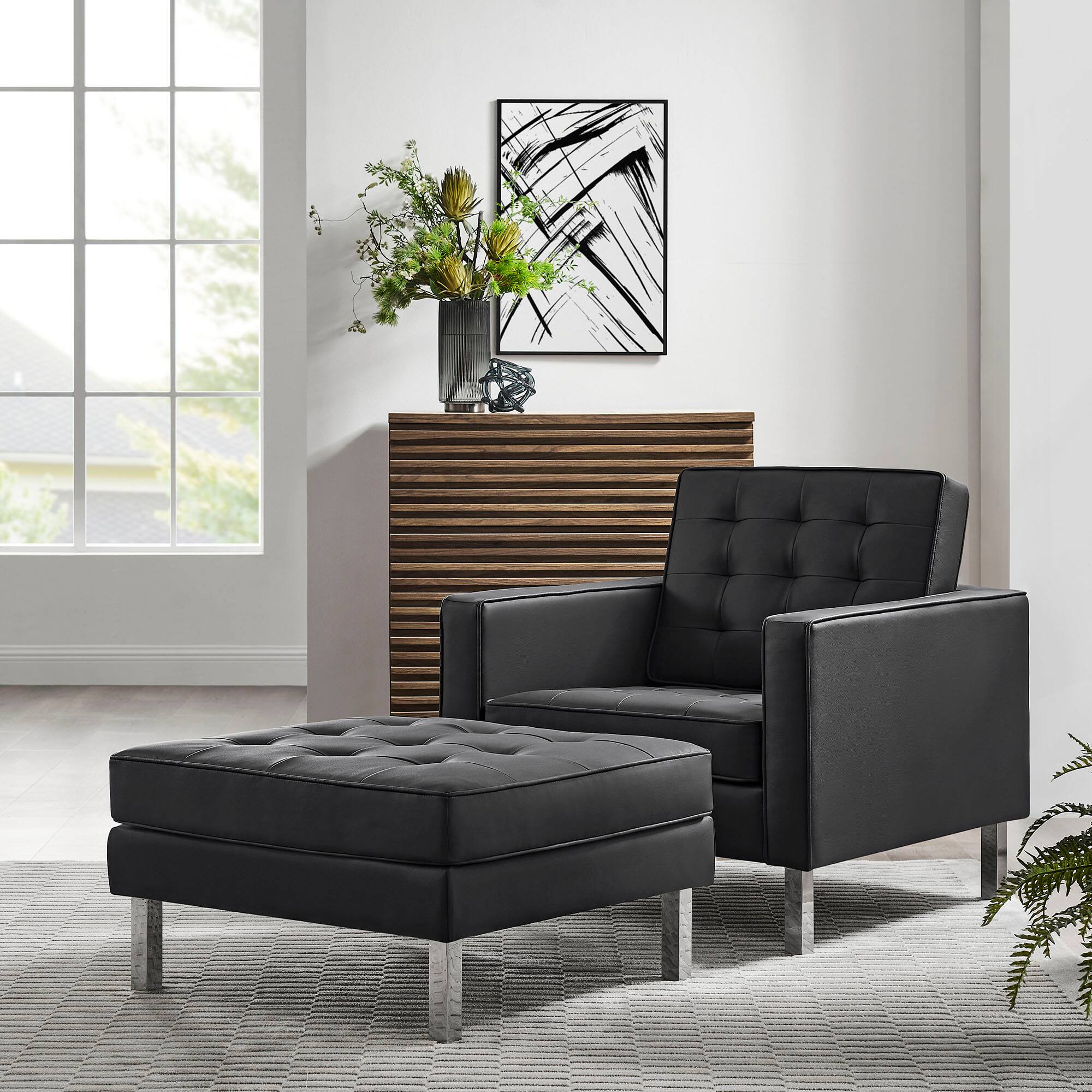 Alt View 6. Modway - Loft Tufted Vegan Leather Armchair and Ottoman Set by Modway - Black.