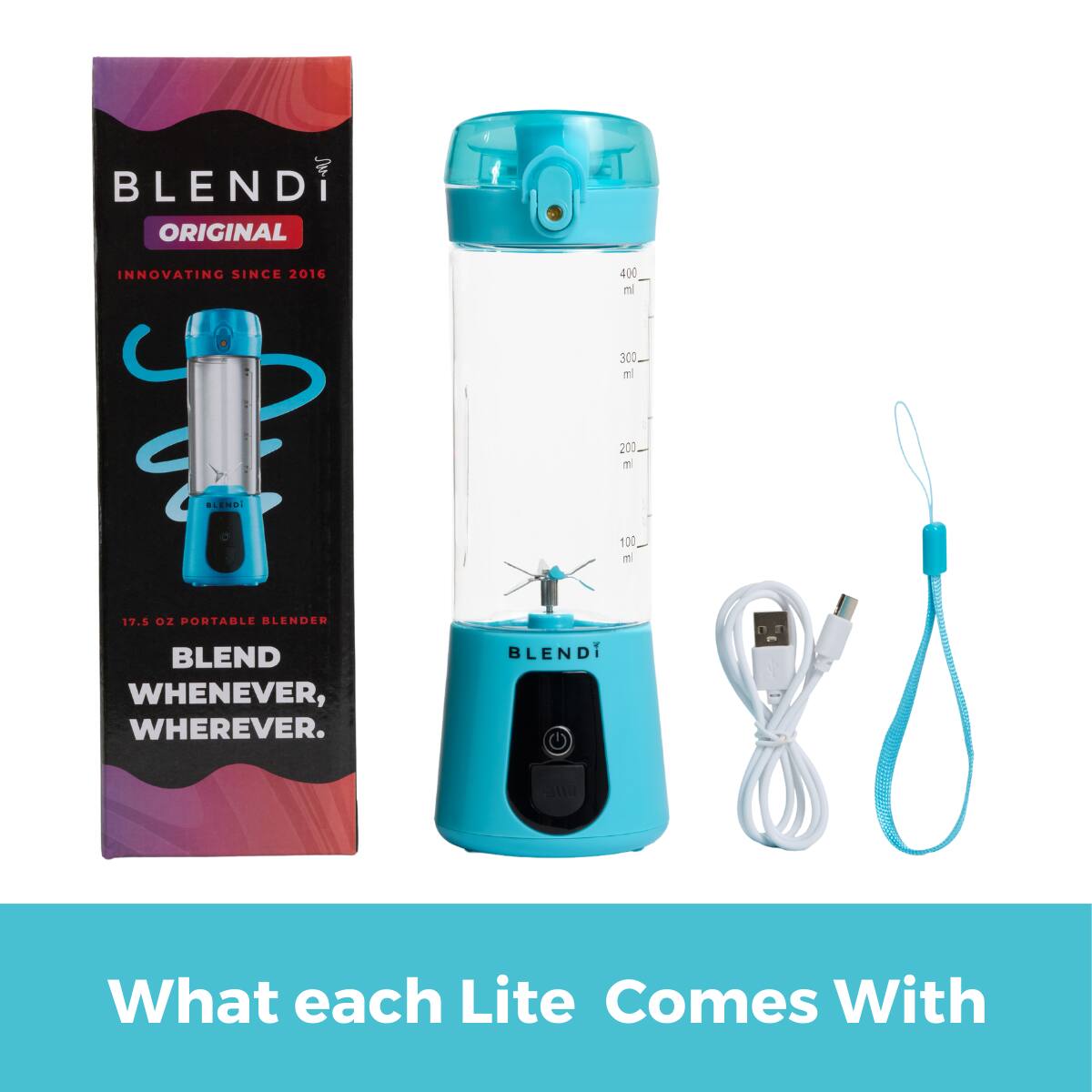 BLENDi ORIGINAL  
INNOVATING SINCE 2016  
400 ml  
17.5 OZ PORTABLE BLENDER  
BLEND WHENEVER, WHEREVER.  

What each Lite Comes With