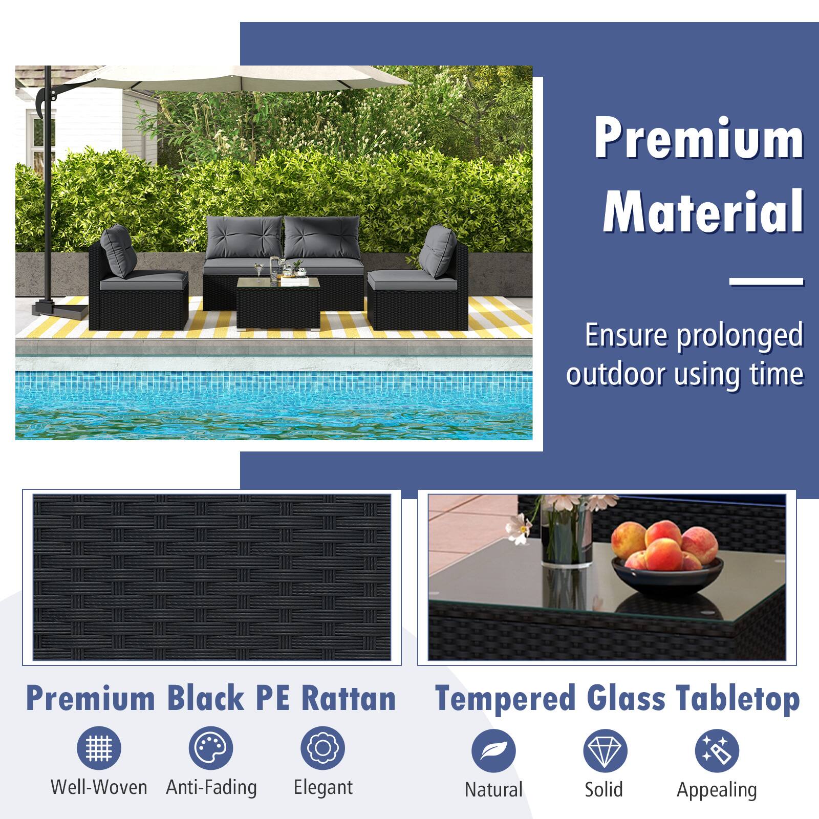 Premium Material - Ensure prolonged outdoor using time

Premium Black PE Rattan
Well-Woven
Anti-Fading
Elegant

Tempered Glass Tabletop
Natural
Solid
Appealing