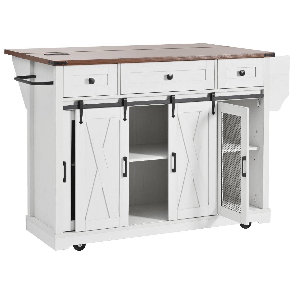Alt View 2. Loheer - Loheer 58 inch farmhouse kitchen island with drop leaf, rolling kitchen island with storage, White - White.