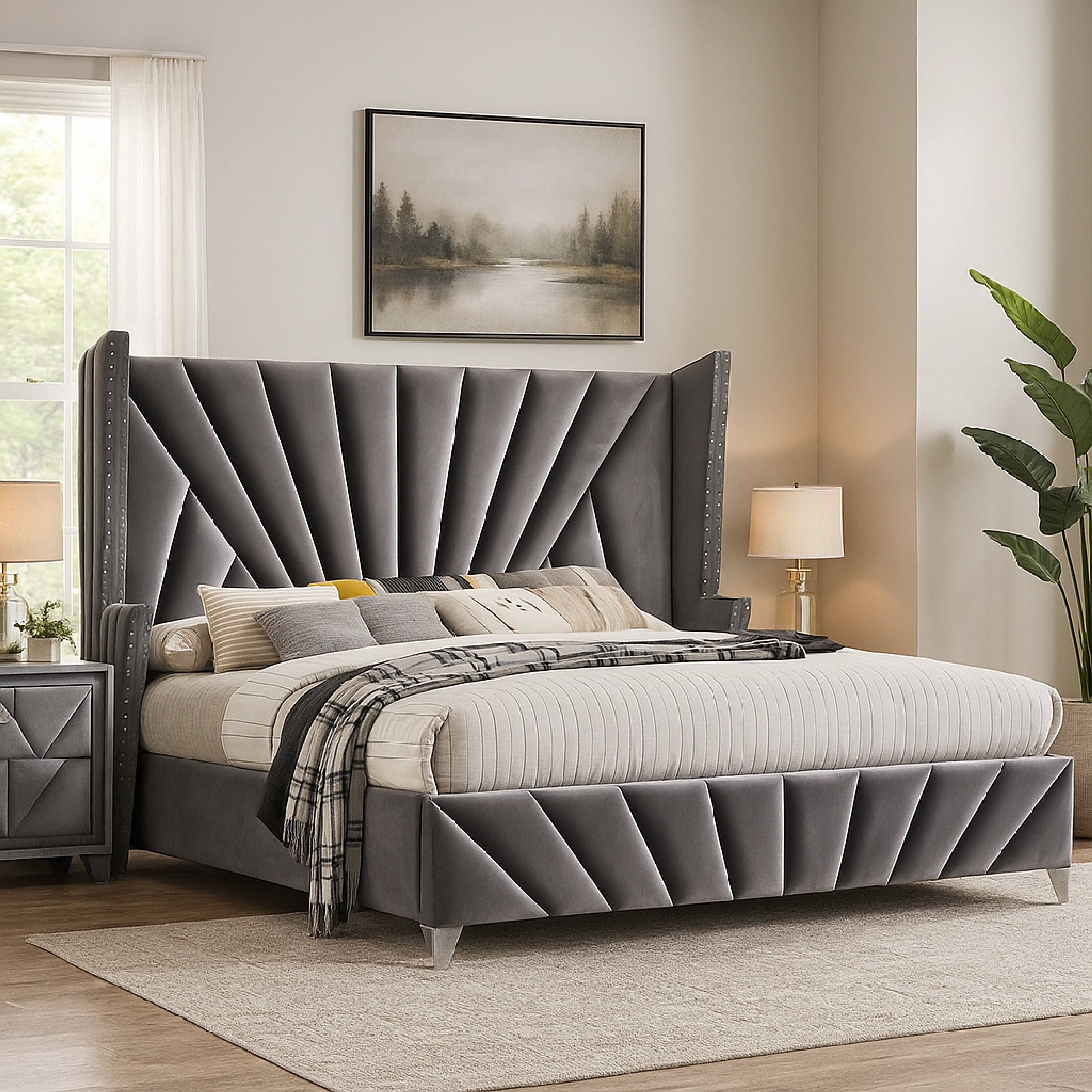 Alt View 5. Manhattan Lane - Ino Queen Size Bed w Wingback Headboard, Gray Fabric Upholstery - Gray, Chrome.