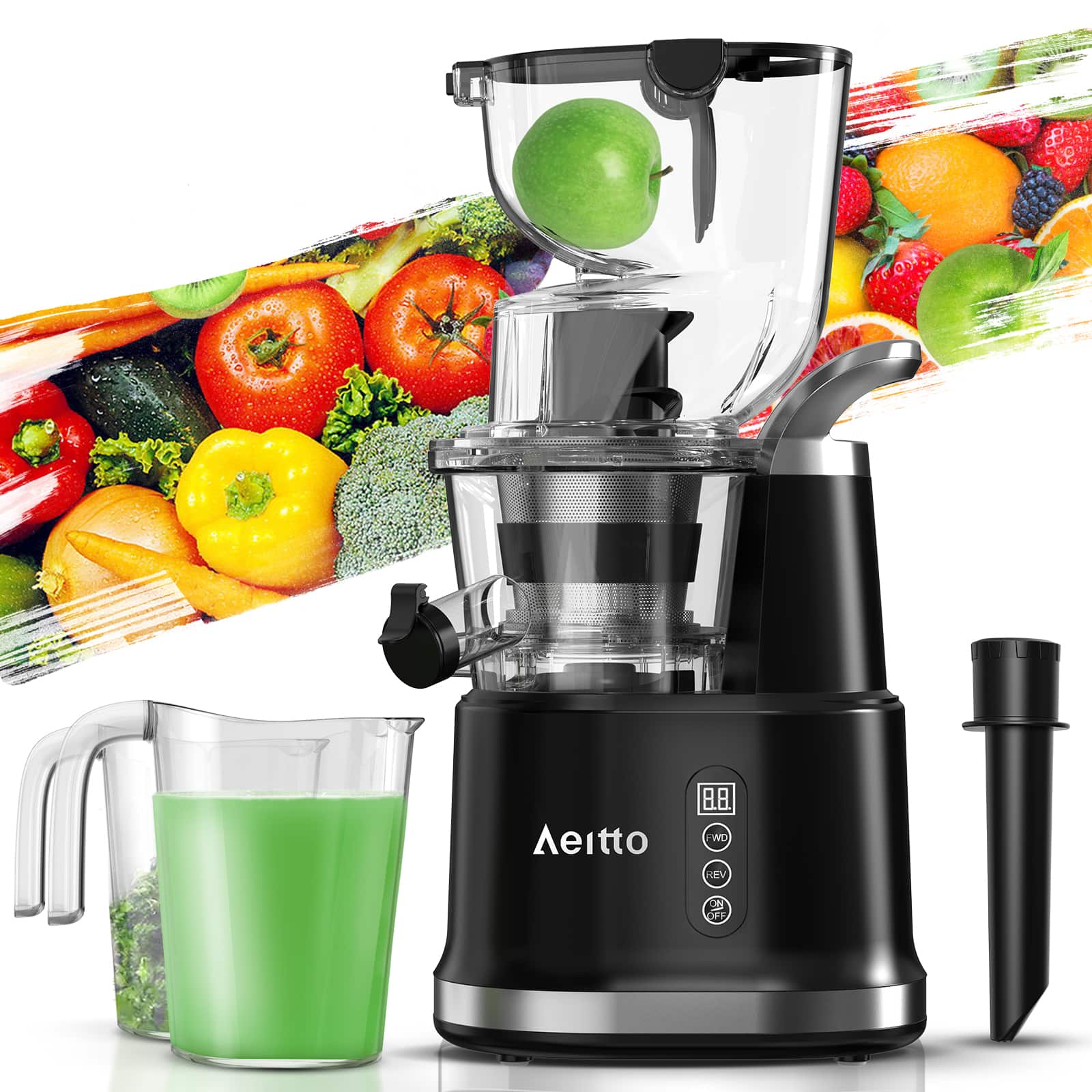 Aeitto - 3.3" Wide Feed Chute Slow Juicer Machine, Masticating Juicer for Fruits and Vegetables - Black