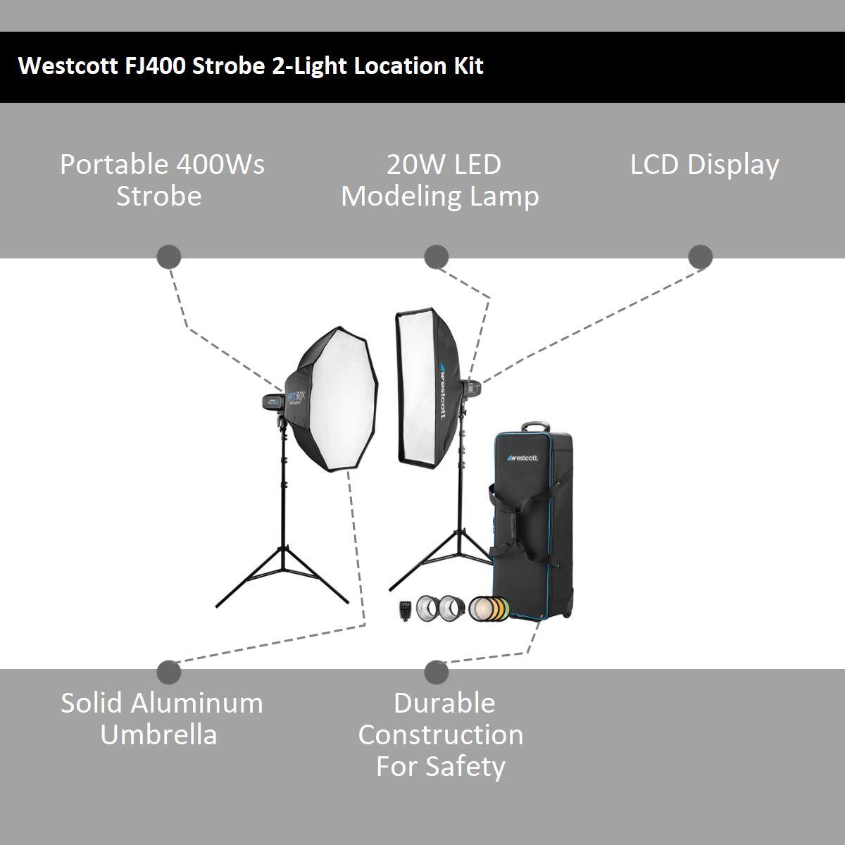 Westcott FJ400 Strobe 2-Light Location Kit Portable 400Ws Strobe 20W LED Modeling Lamp LCD Display reetcoh Solid Aluminum Umbrella Durable Construction For Safety