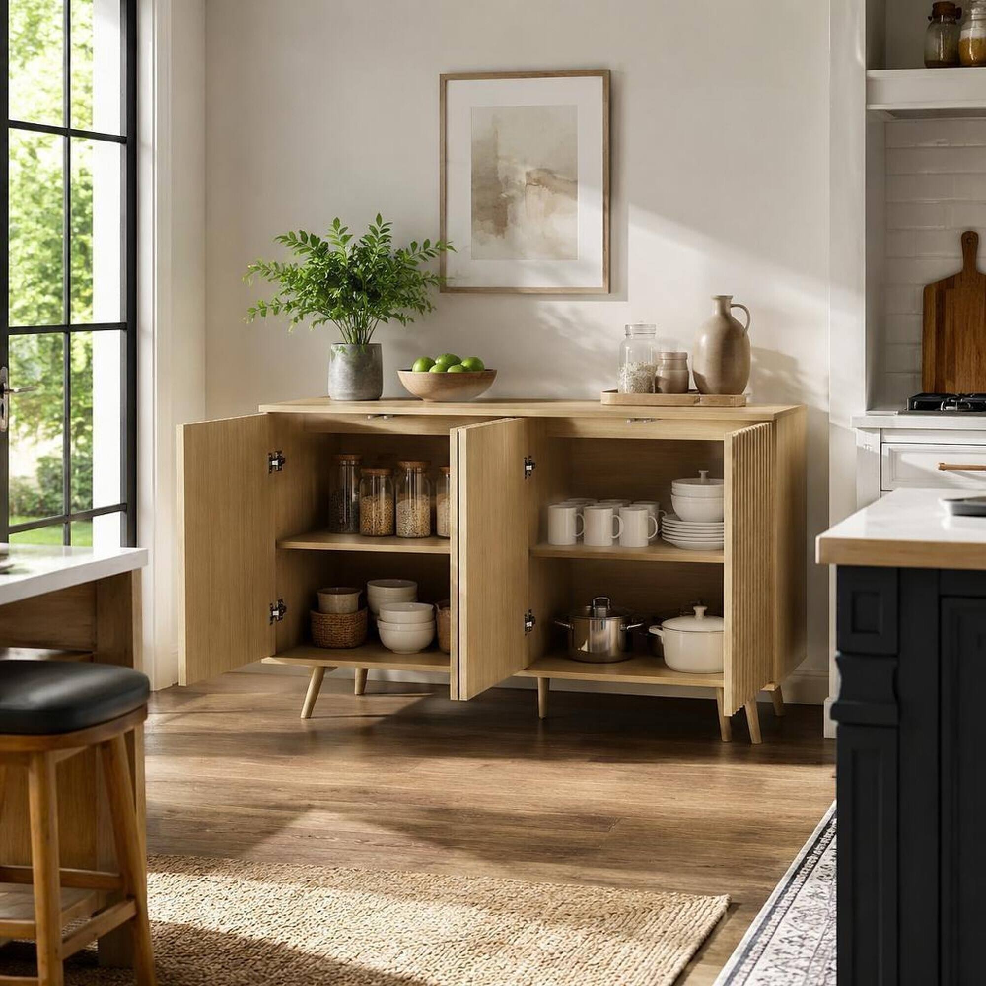 Angle. RYHNUYNE - Freestanding Long Sideboard Buffet Cabinet with 4 Doors and Adjustable Shelves, Wood Coffee Bar, Natural - Natural.