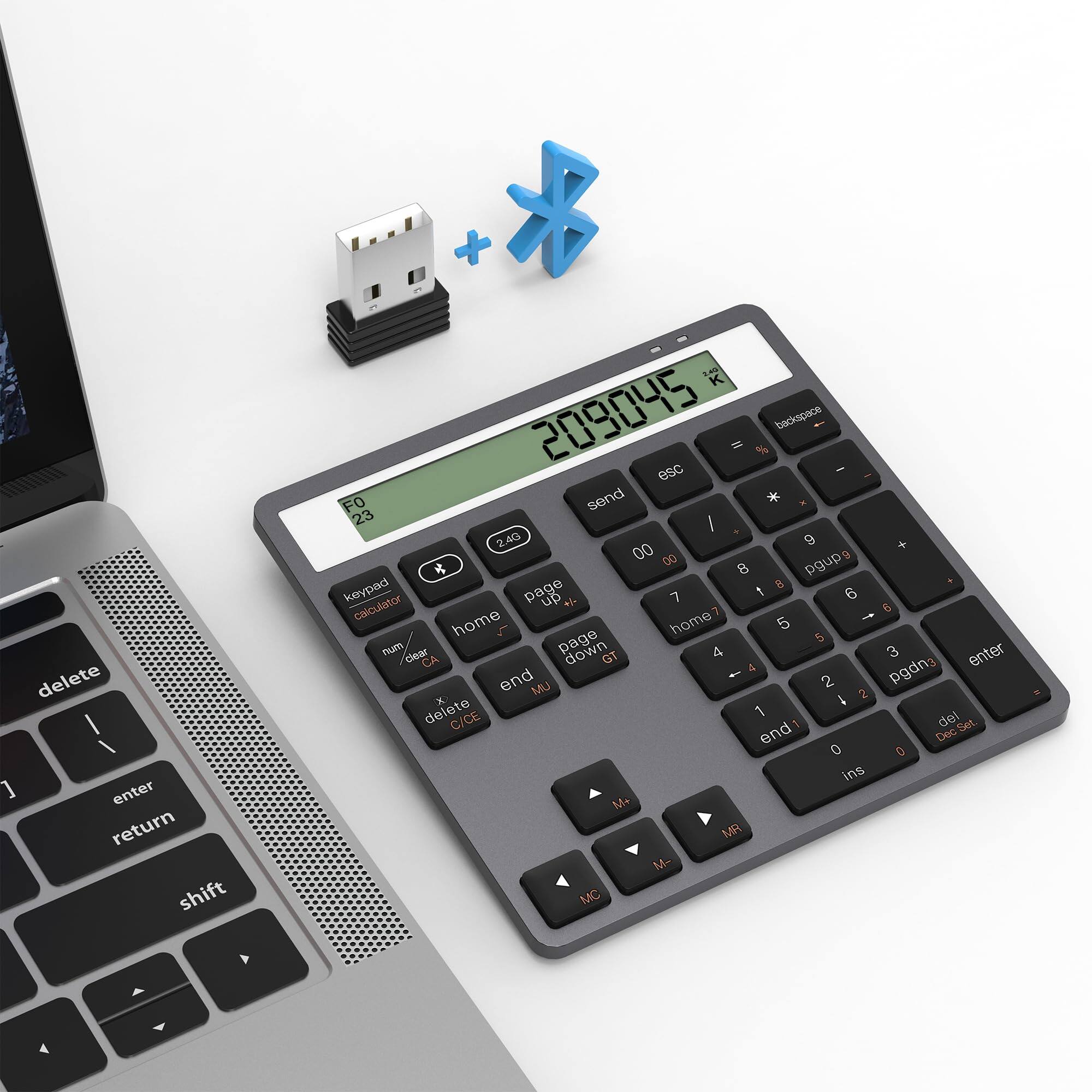 Here is the corrected and grouped text from the image:

**Calculator:**
- 209045
- FO 23
- send
- esc
- backspace
- keypad
- calculator
- num
- home
- page up
- page down
- end
- delete C/CE
- M+
- M-
- MC
- CA
- GT
- enter
- 00
- 0
- 1
- 2
- 3
- 4
- 5
- 6
- 7
- 8
- 9
- +
- -
- *
- /
- %

**Keyboard:**
- delete
- enter
- return
- shift
- home
- page up
- page down
- end
- ins
- M+
- M-
- MC
- A
- 4

**Other:**
- 2.40
- 9
- 00
- 00
- 8
- 5
- 5
- 5
- Pum dear
- 4
- 3
- 2
- 2
- x
