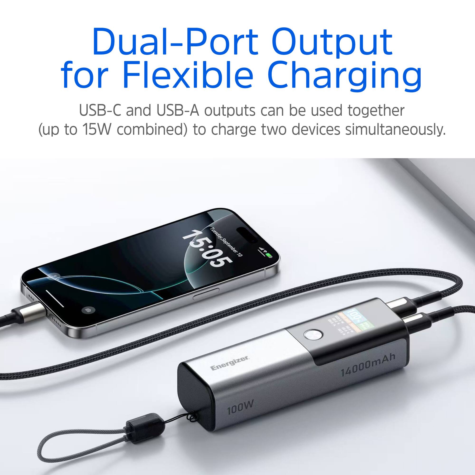 Dual-Port Output for Flexible Charging  
USB-C and USB-A outputs can be used together (up to 15W combined) to charge two devices simultaneously.  

Tomslay 15:05  
Today, September 19  

Energizer 100W 14000mAh