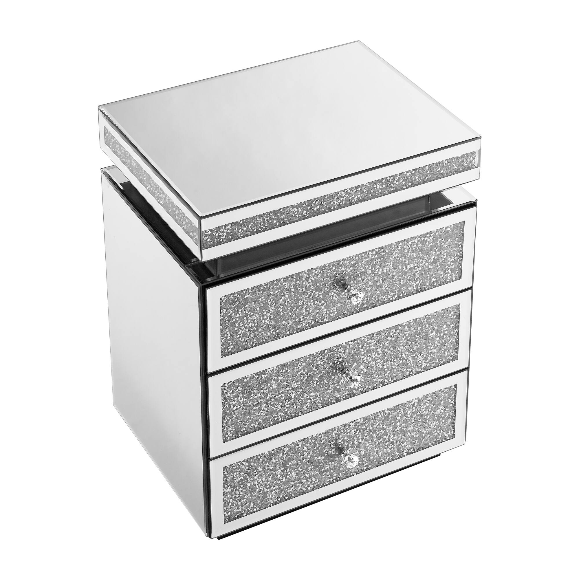 Alt View 5. Spaco - Spaco Mirrored Nightstand with 3 Drawers, Silver Nightstand with Crystal Inlay, Bedside Table, Glass Table for Bedroom - Silver.