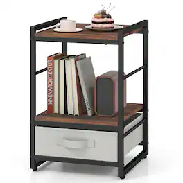 Gymax - Nightstand Industrial Bedside Table w/ Open Storage Shelf & Fabric Drawer - Rustic Brown, Gray