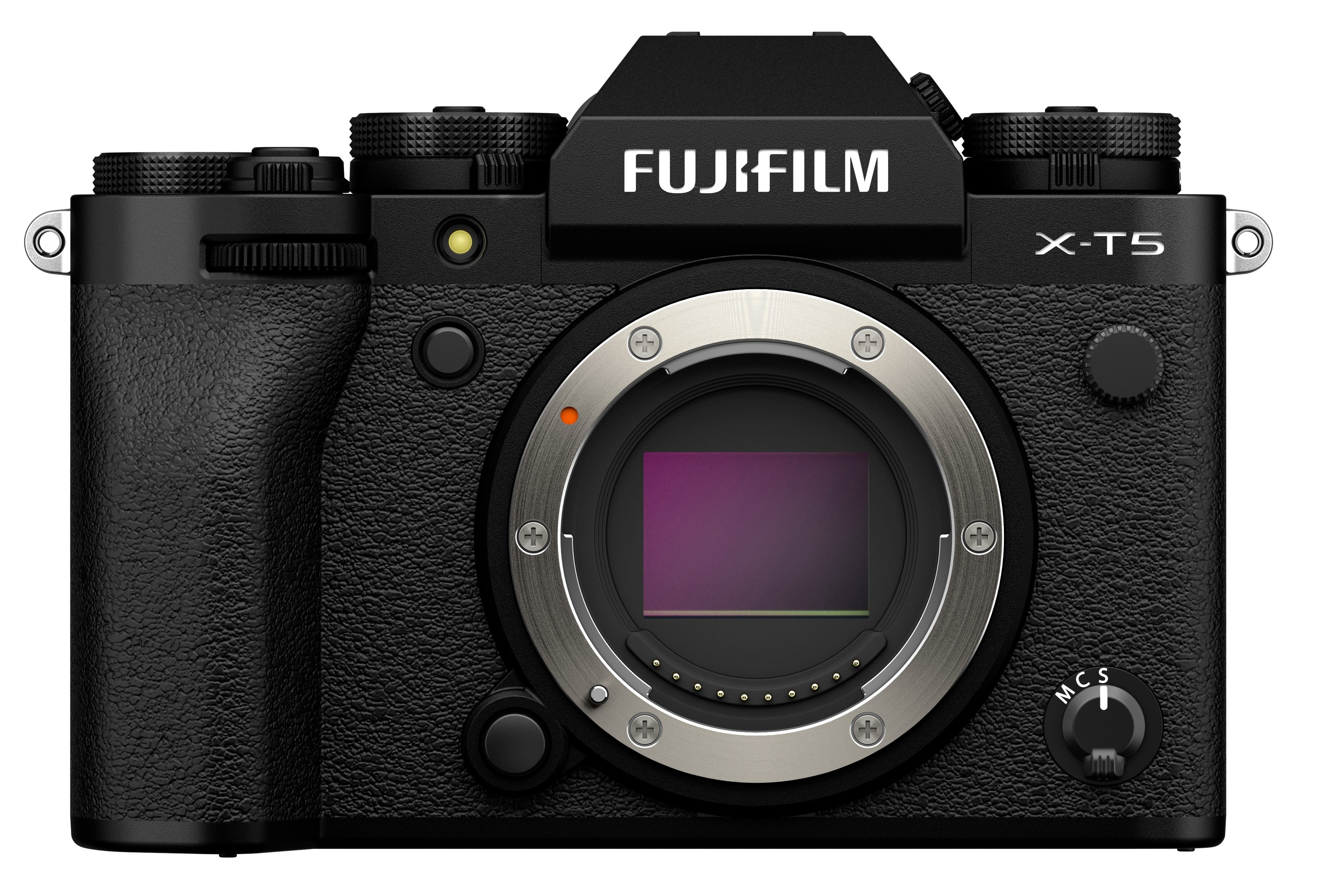 The image features a FUJIFILM X-T5 camera, which is a digital camera. The camera has a large lens and a viewfinder, making it suitable for capturing high-quality images. The camera is black in color and has a sleek design. The FUJIFILM brand is prominently displayed on the camera, indicating its manufacturer.