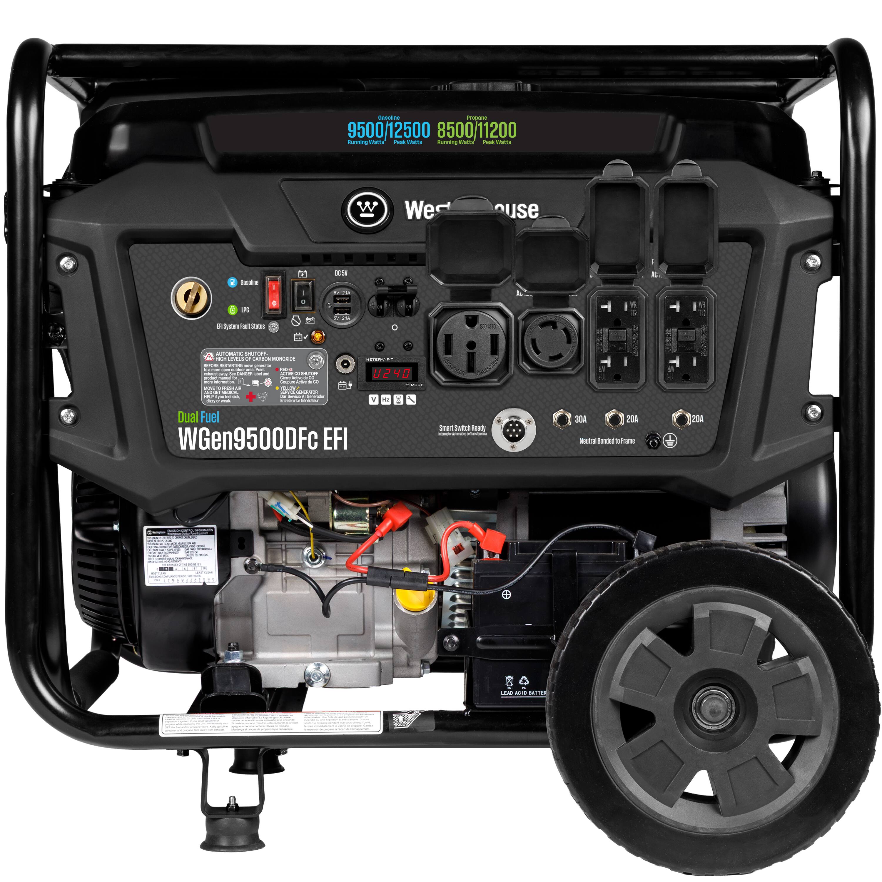 - 9500/12500 8500/11200 Running Watts / Peak Watts
- Westinghouse
- WGen9500DFc EFI
- Dual Fuel
- 50A Smart Dual Fuel Ready
- 30A
- 20A
- 20A