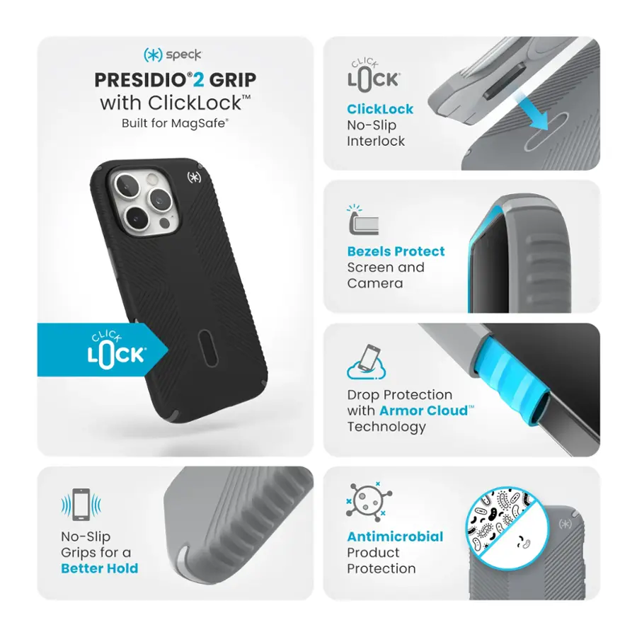 The text on the image is grouped and corrected as follows:

Speck Presidio2 Grip with ClickLock:
- Built for MagSafe
- ClickLock No-Slip Interlock
- Bezels Protect Screen and Camera
- Click Lock Drop Protection with Armor Cloud Technology
- No-Slip Grips for a Better Hold
- Antimicrobial Product Protection

This grouped and corrected text describes the features and benefits of the Speck Presidio2 Grip with ClickLock case for the iPhone 13 Pro Max.