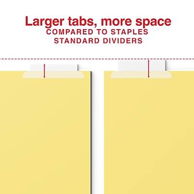Larger tabs, more space  
COMPARED TO STAPLES STANDARD DIVIDERS