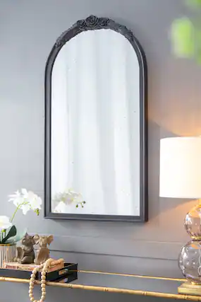 Front. TinyHomie - 23x42IN Black Hand Carved Rose Antique Wood Arch Mirror Living Room Bathroom Entryway.