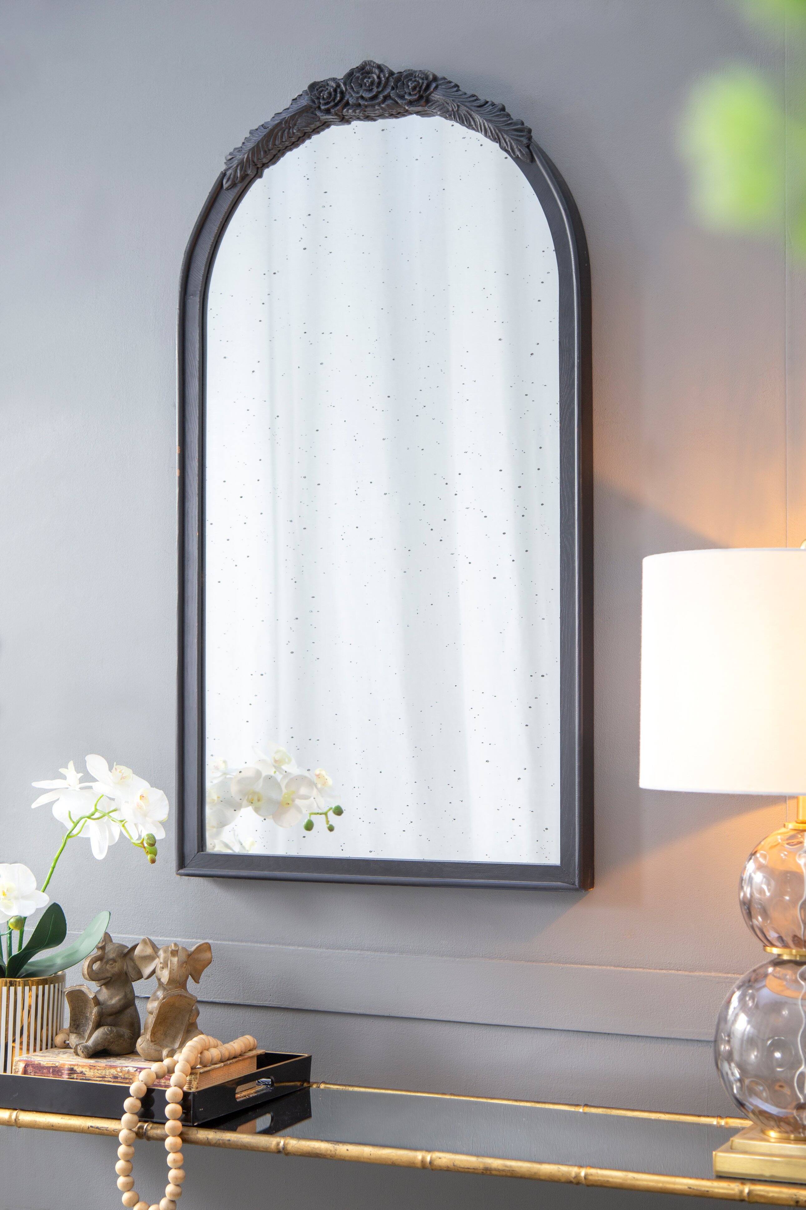 Front. TinyHomie - 23x42IN Black Hand Carved Rose Antique Wood Arch Mirror Living Room Bathroom Entryway.