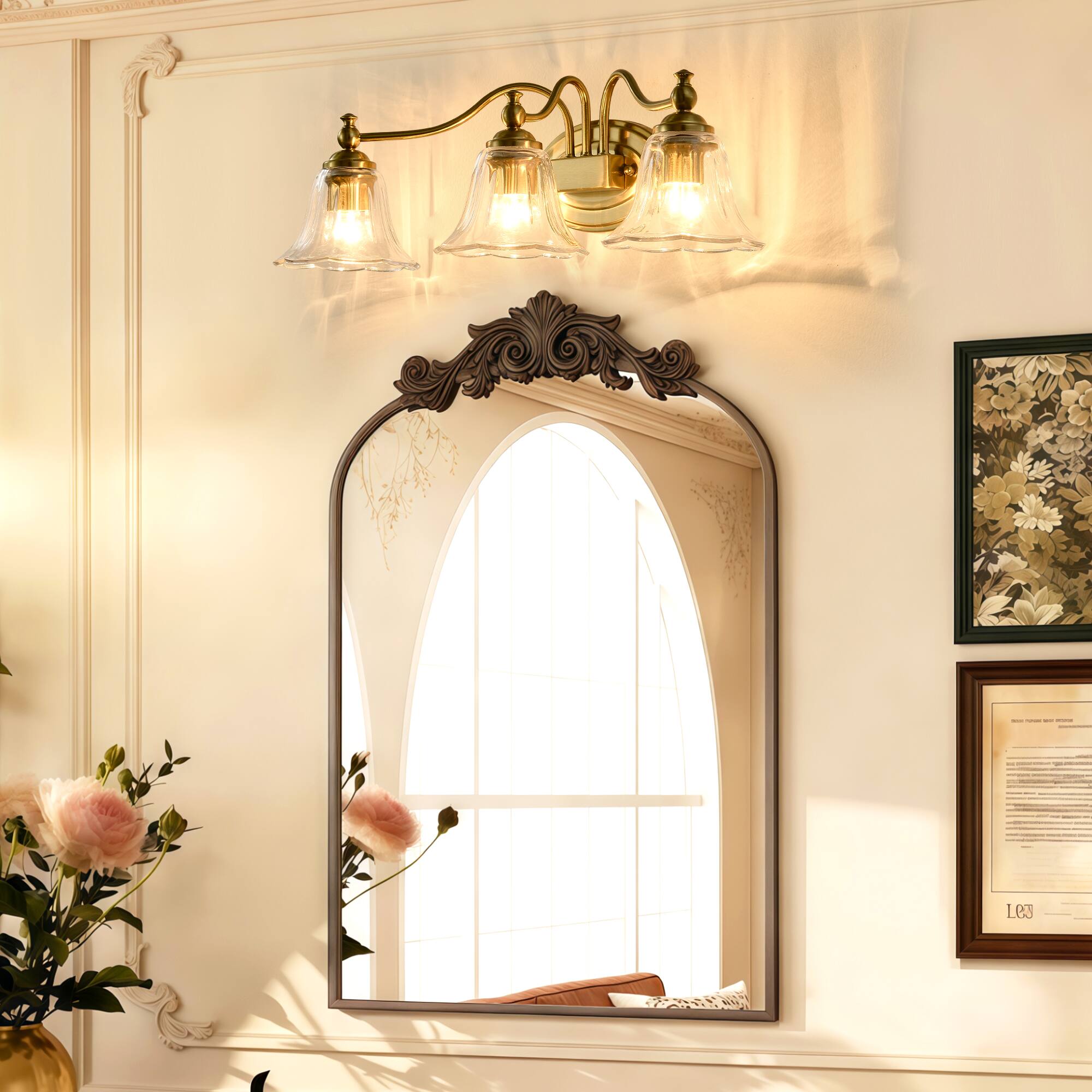 Alt View 1. RYHNUYNE - 3-Light Bathroom Vanity Light Fixture,Gold Vanity Lighting,Farmhouse Wall Mount Lighting Over Mirror for Bedroom Hallway - Gold.