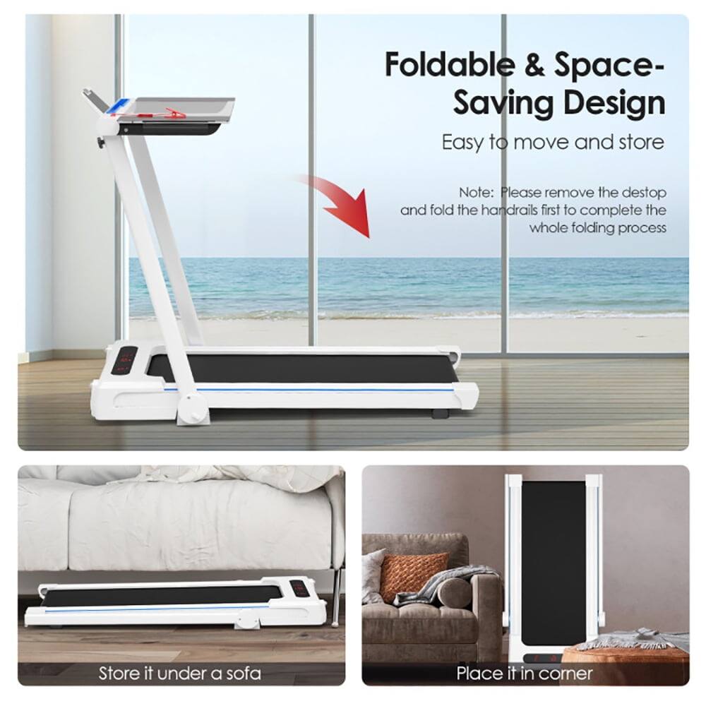 Foldable & Space-Saving Design  
Easy to move and store  

Note: Please remove the desktop and fold the handrails first to complete the whole folding process  

Store it under a sofa  
Place it in corner