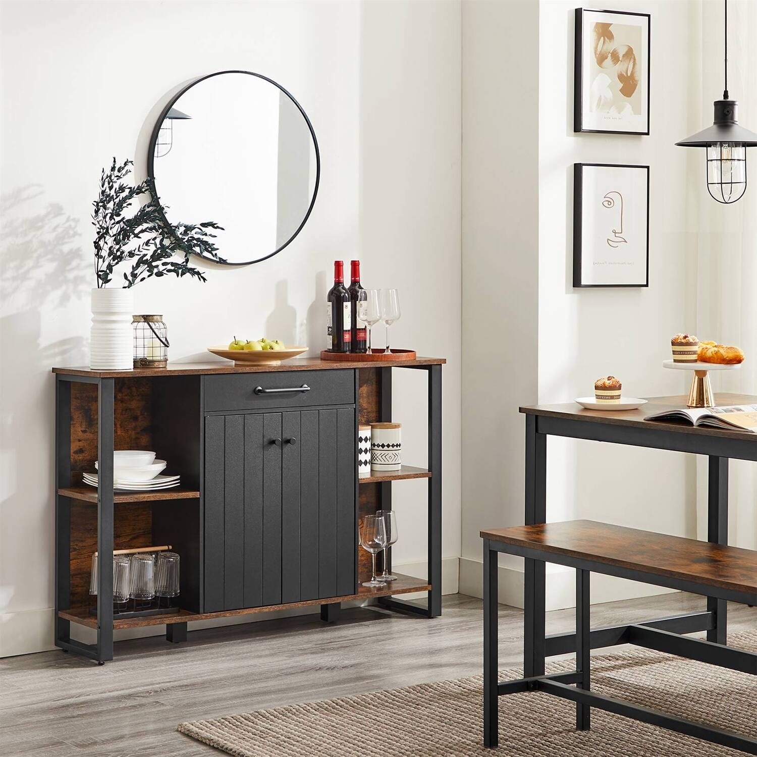 Alt View 1. Hivvago - Farmhouse Rustic Wood Buffet Dining Sideboard Storage Cabinet - Rustic Brown, Black.