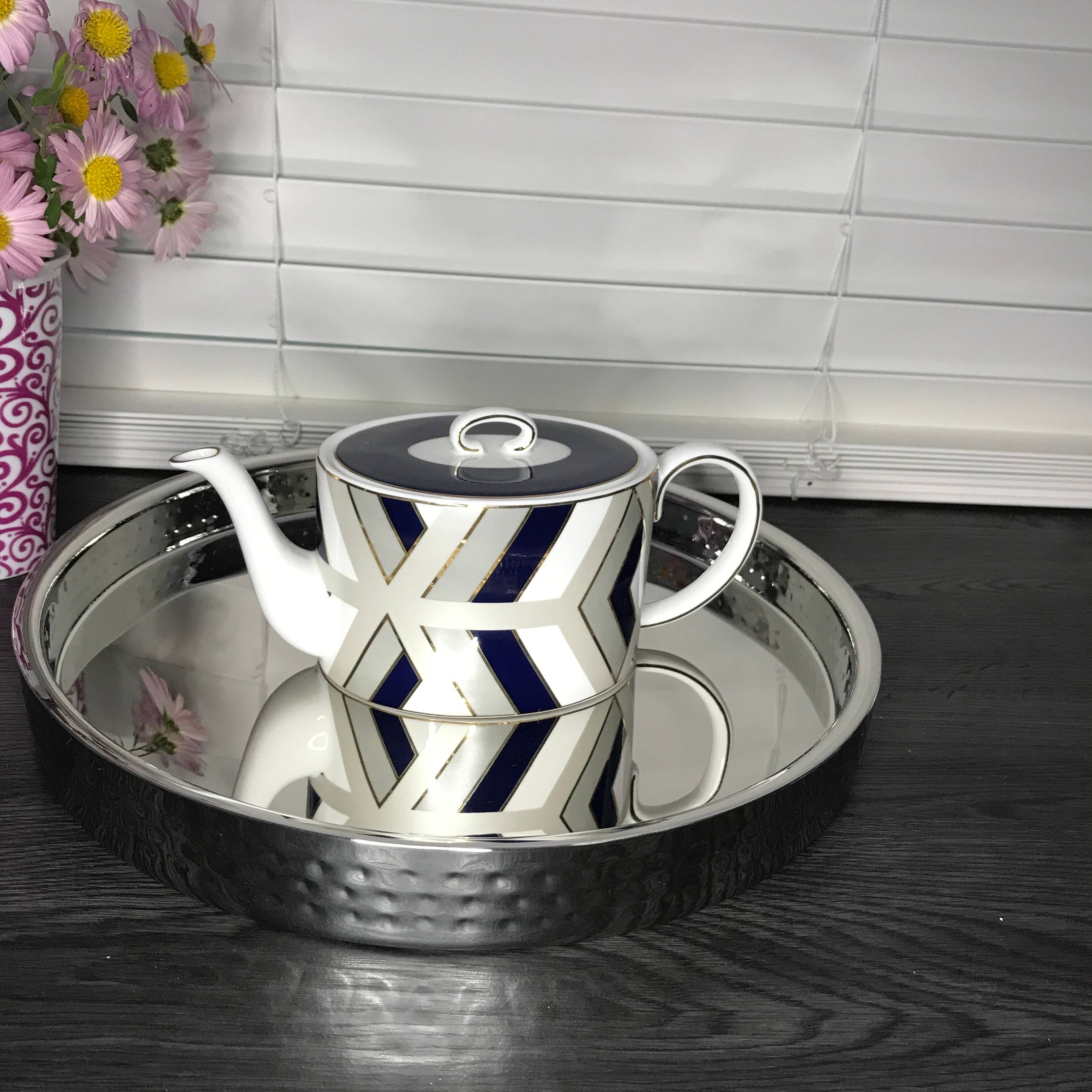Back. Jiallo - Stainless Steel Silver Double wall bar tray 12.5" dia - Silver.