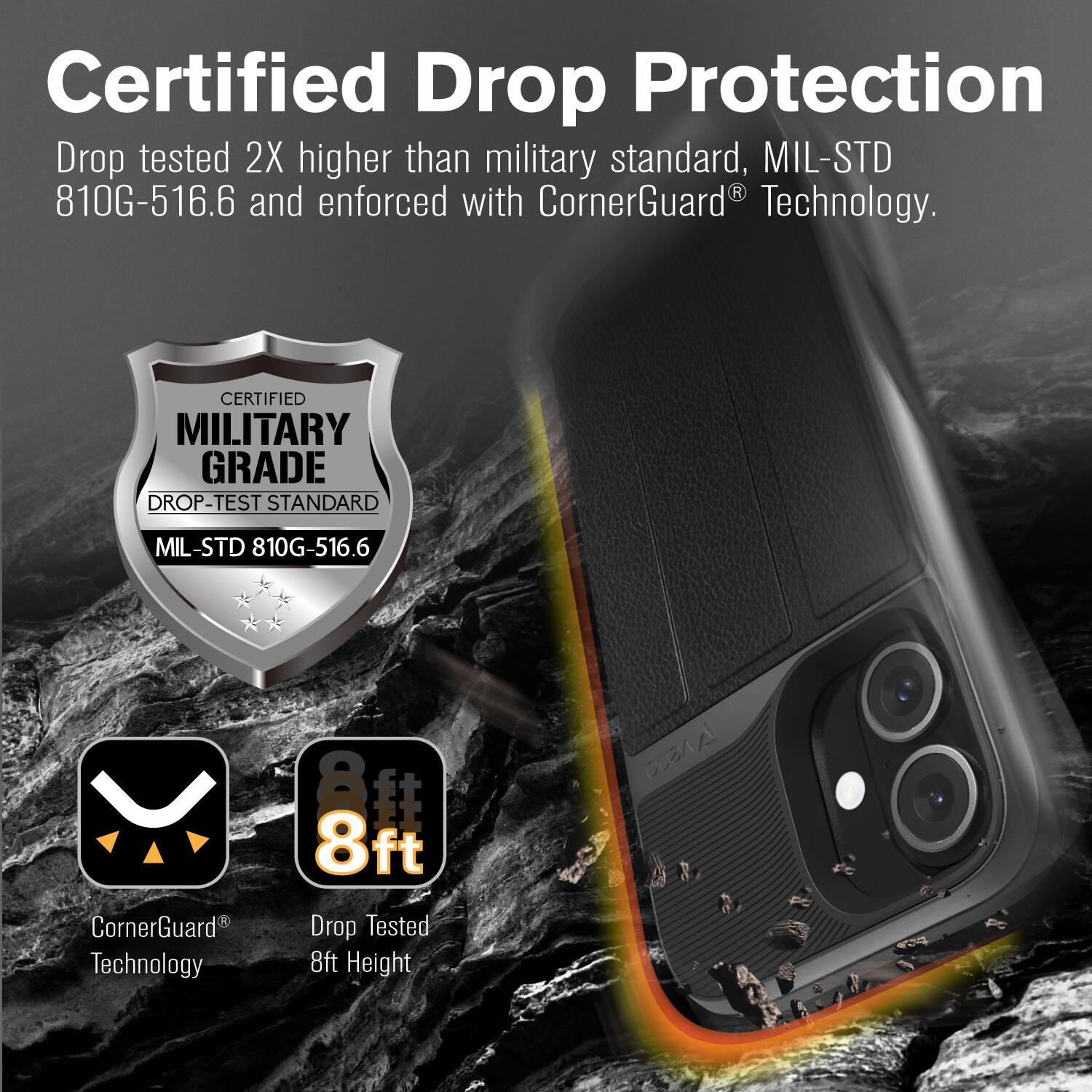 Certified Drop Protection, Drop tested 2X higher than military standard, MIL-STD 810G-516.6 and enforced with CornerGuard Technology. CERTIFIED MILITARY GRADE DROP-TEST STANDARD MIL-STD 810G-516.6 CornerGuard Technology 8ft Drop Tested 8ft Height