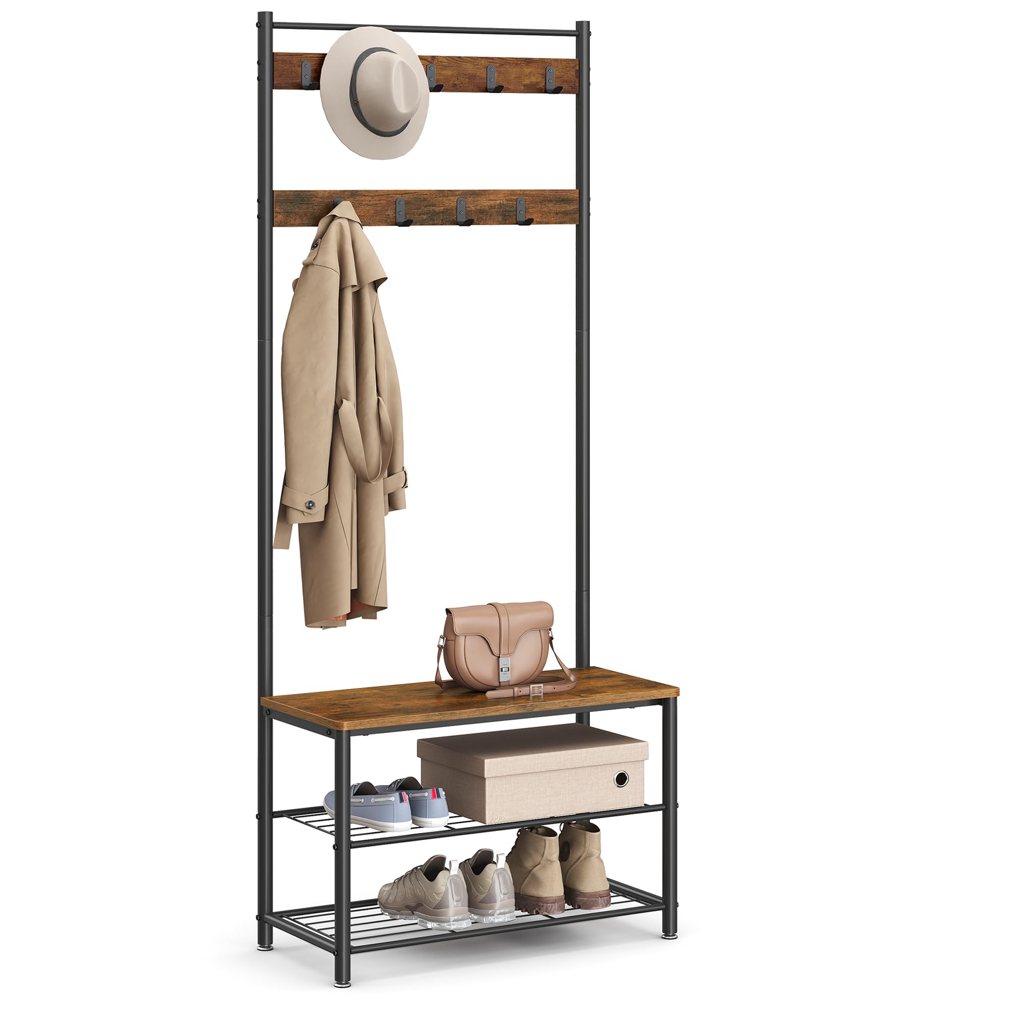 Front. Hirose Alice - Coat Rack Hall Tree With Shoe Storage Bench Entryway 3-in-1 Steel Frame For 12.6 X 27.6 ches Industrial - Rustic Brown + Black-27.6"W.