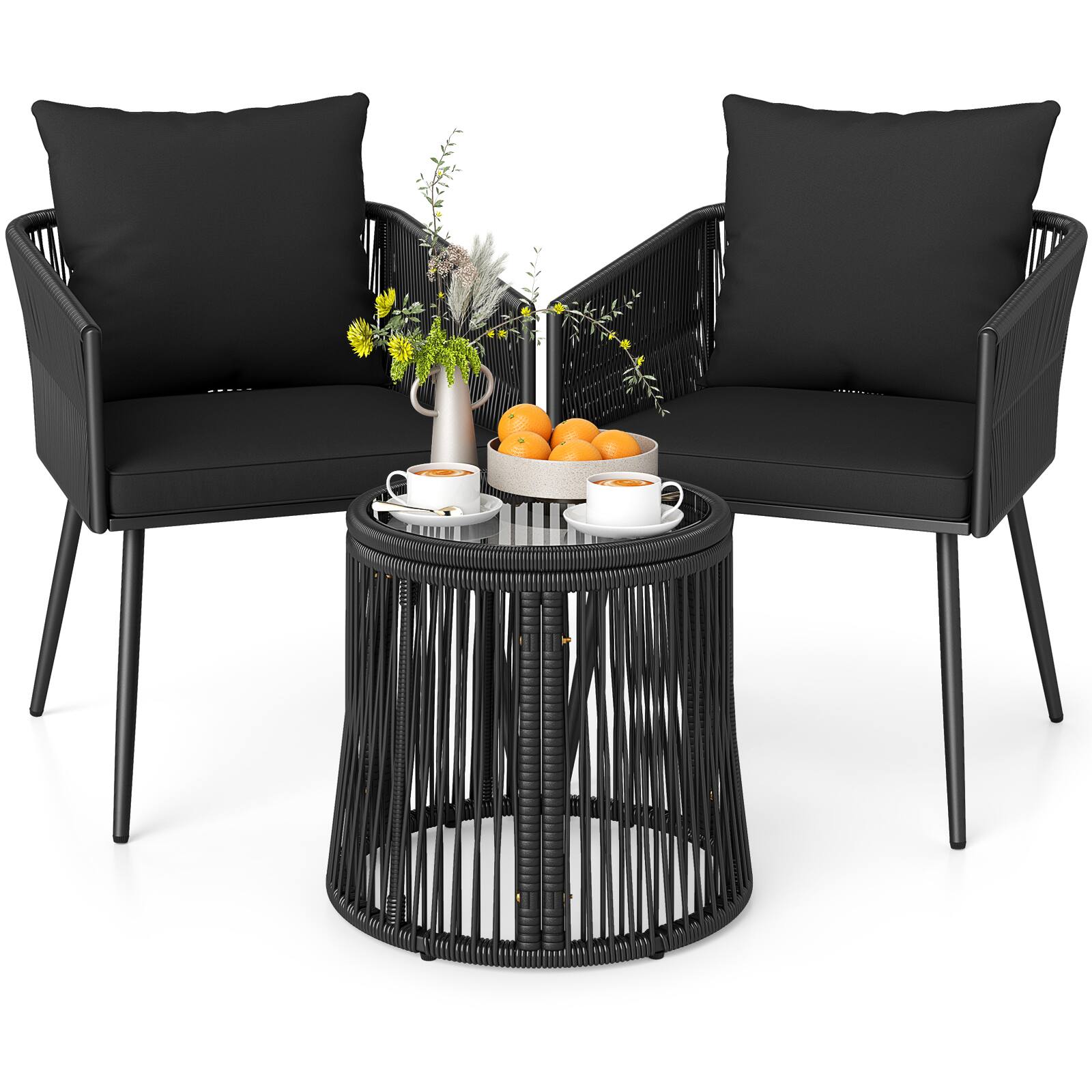 Alt View 8. Gymax - Gymax 3PCS Outdoor Furniture Set Patio Wicker Chairs & Round Side Table Set w/Cushions - Black.