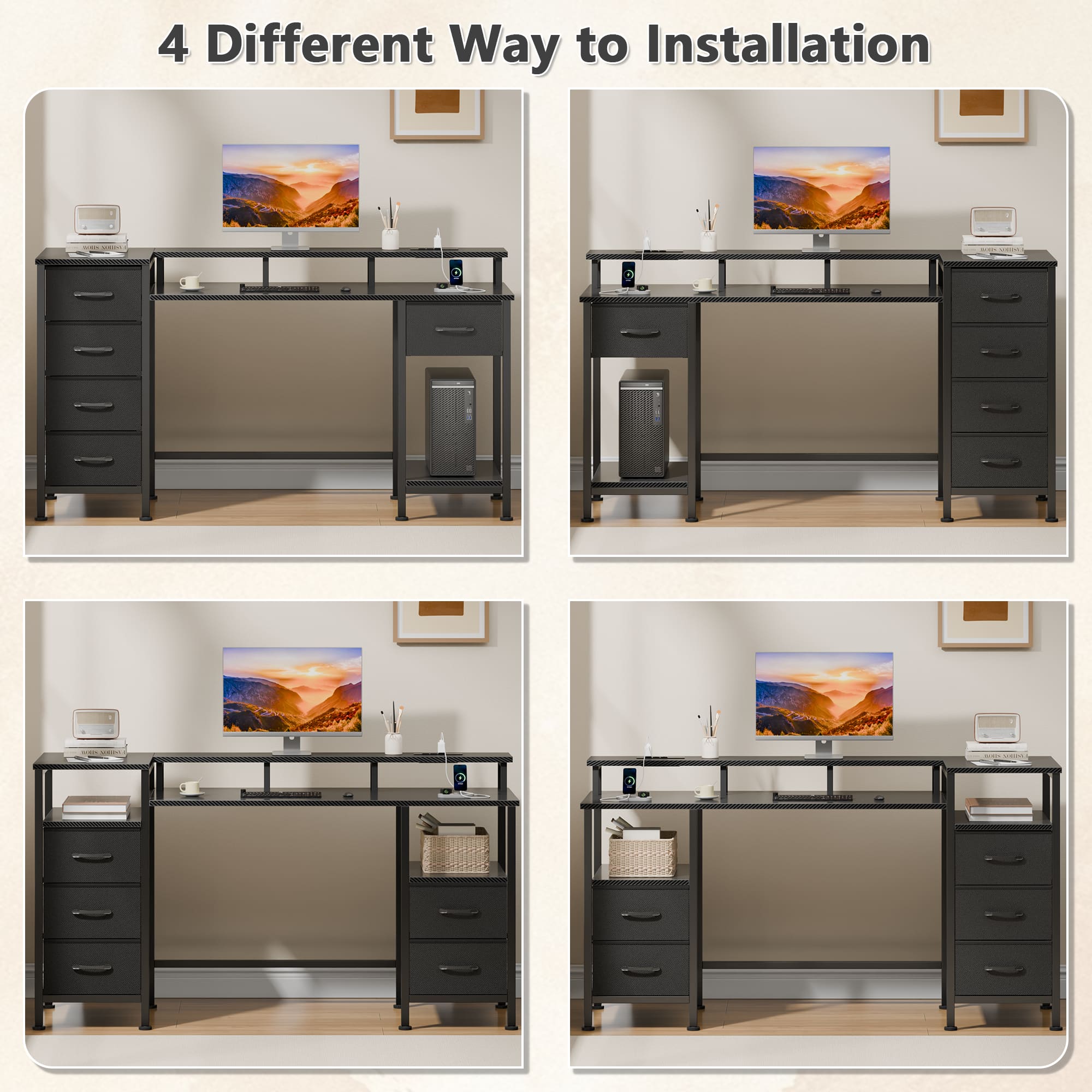 Furnulem - 55 Inches Computer Desk with Monitor Stand Charging Station LED Lights Gaming Desk with Drawers for Home Office - Black