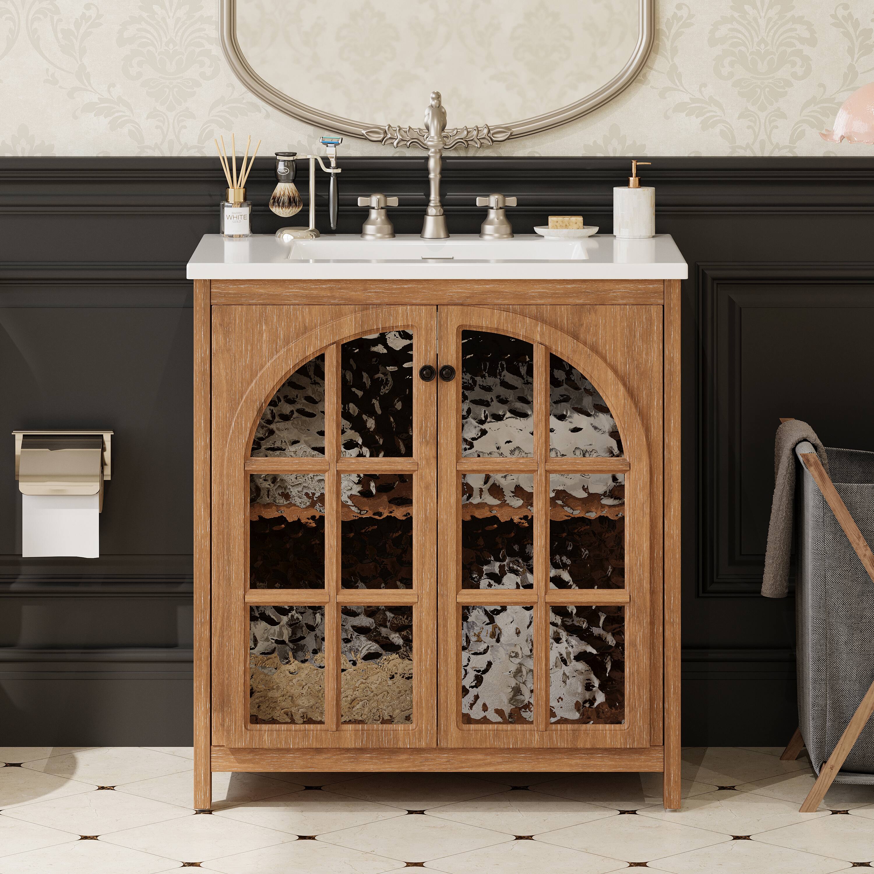 Left. Loheer - 2.58 ft Rustic Bathroom Vanity with Ceramic Sink, Soft Close Doors, Antique Natural. - Antique Natural.