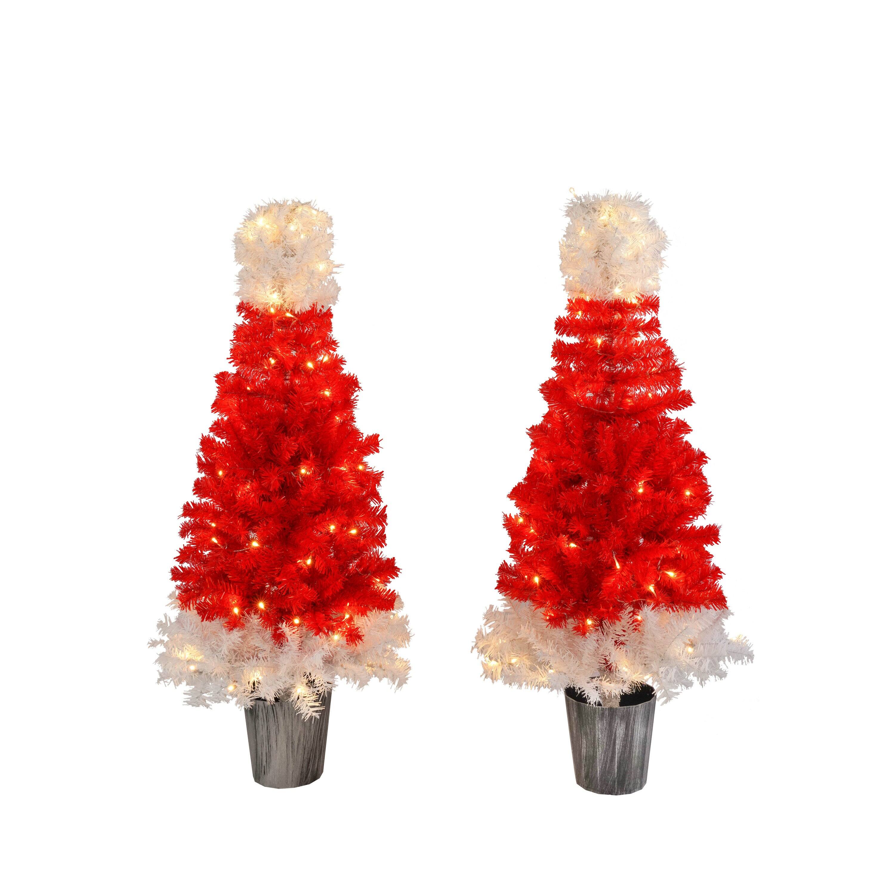 Alt View 6. Hivvago - Lighted  Santa Hat Style Christmas Tree Set of 2, 4ft Artificial Tree with Warm White Lights - Red,White.