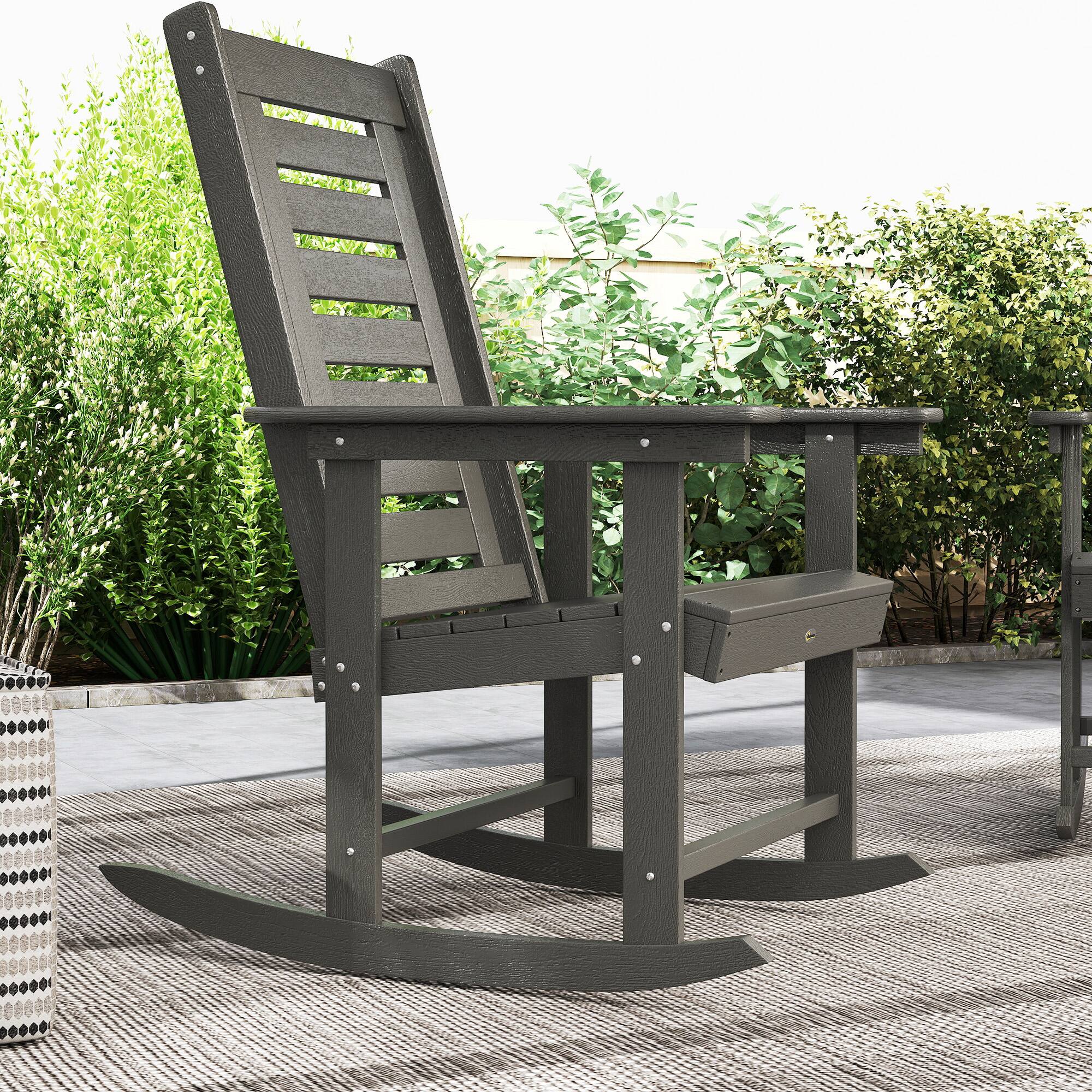 Alt View 4. Outsunny - Outdoor Rocking Chairs Set of 2, HDPE Patio Rocking Chairs with 28" High Back and Wide Armrests - Dark Gray.