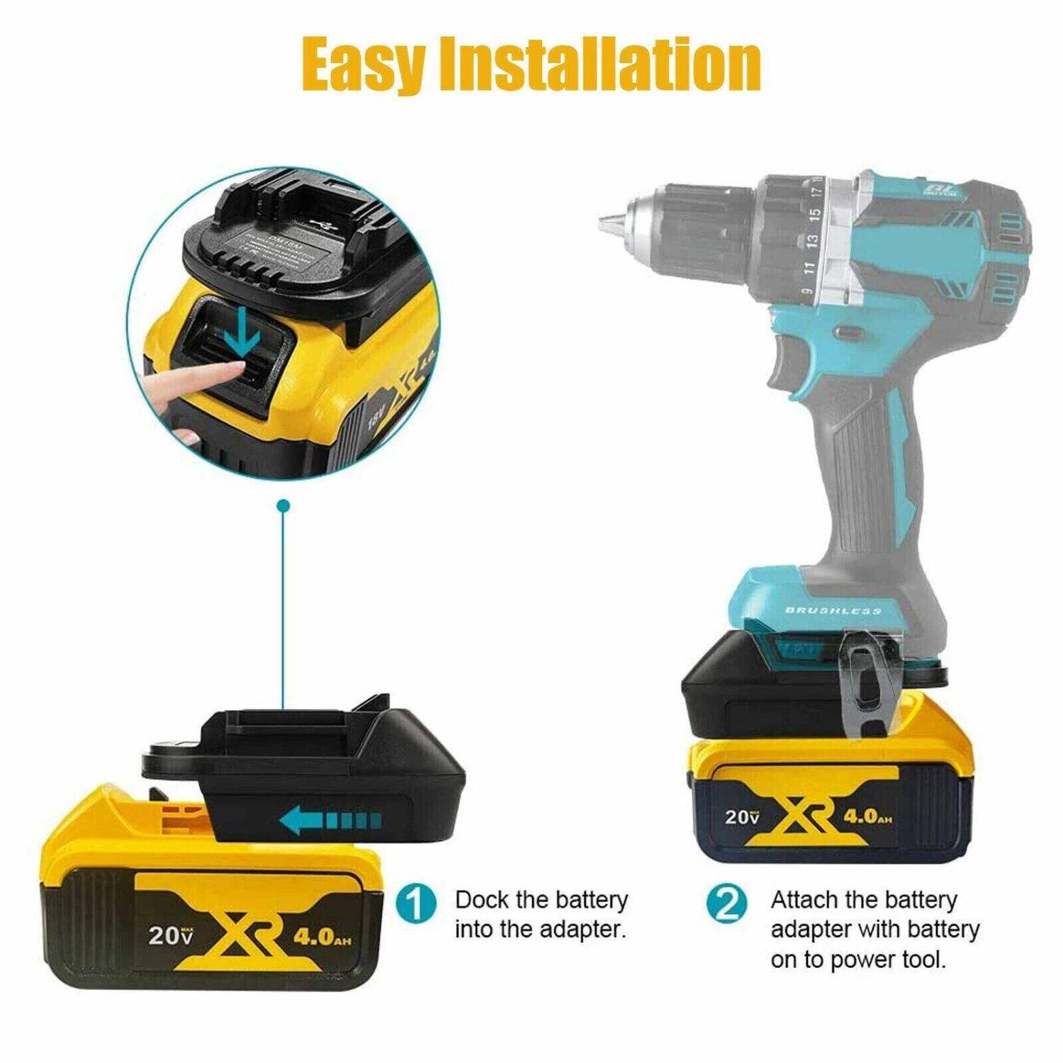 Easy Installation

1. Dock the battery into the adapter.
2. Attach the battery adapter with battery on to power tool.