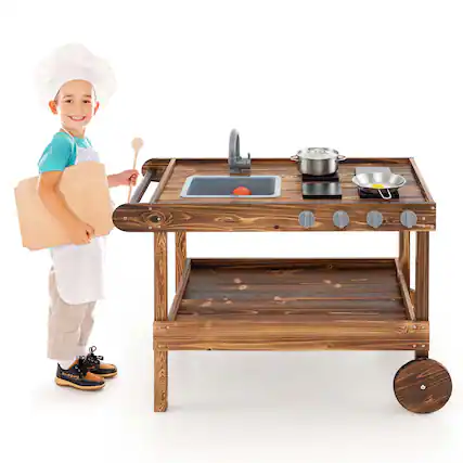 Front. Costway - Costway Kids Wooden Mud Play Kitchen Cart with Sink, 4 Stoves & Storage Shelf Natural - Natural.