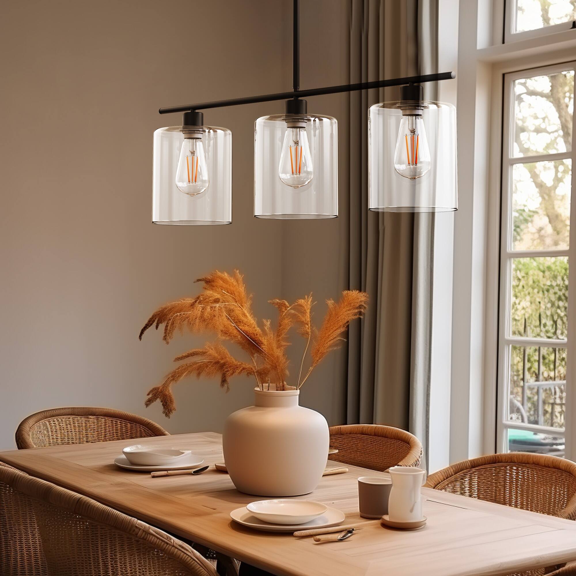 Left. Jandcase - JANDCASE 3-Light Black Island Pendant Light, Clear Glass Shades E26 Socket, Non-Integrated Bulbs, for Kitchen Island - Black.