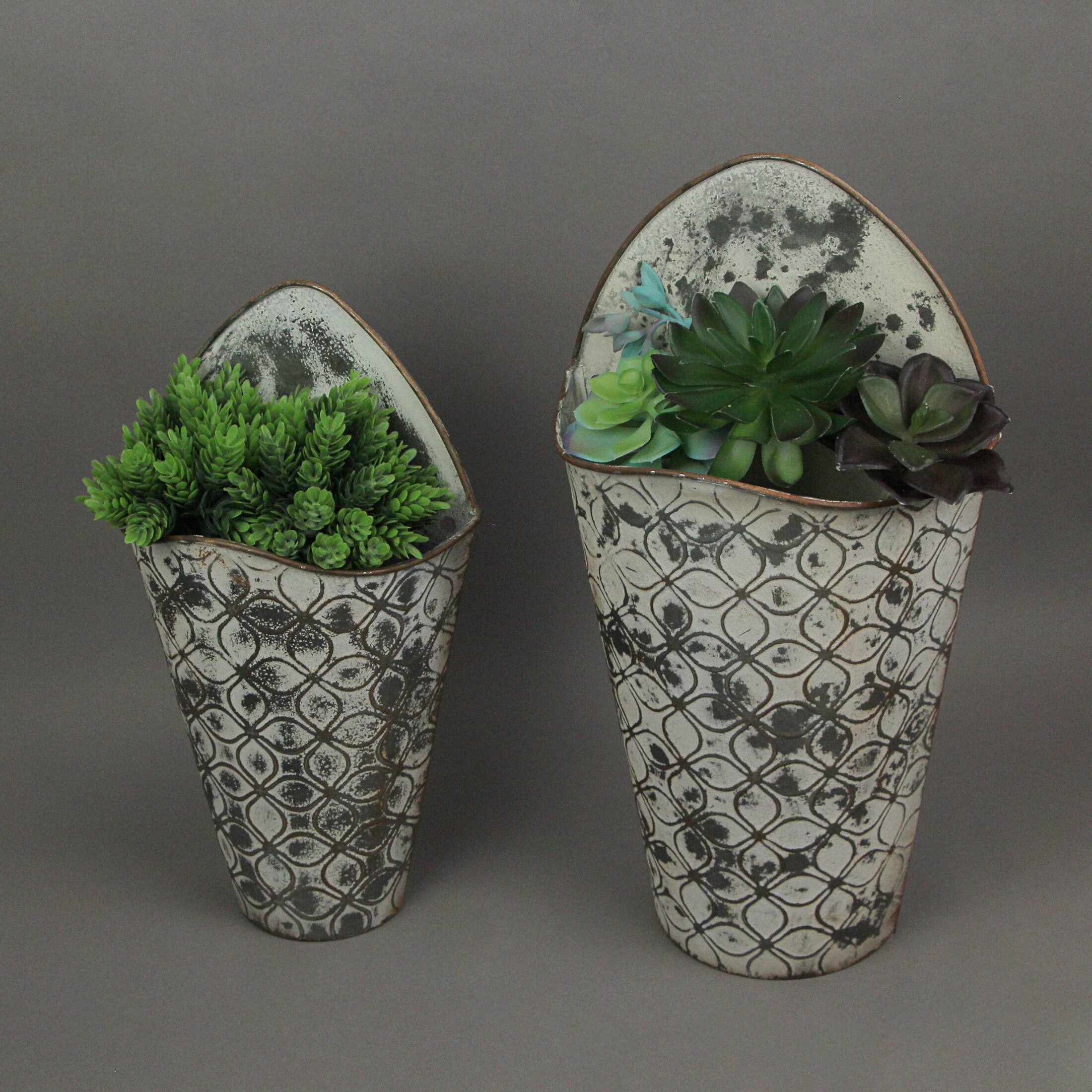 Alt View 1. Special T Imports - Antiqued Gray Enamel Painted Embossed Metal Wall Pockets Set of 2 - Grey.