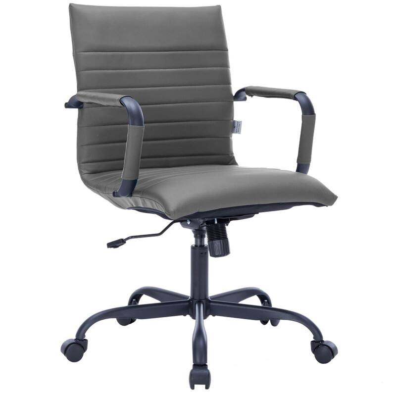 Front. LeisureMod - Harris Mid-Back Leather Office Chair Adjustable Height Tilt in Black Stainless Steel 360-Degree Swivel - Grey.