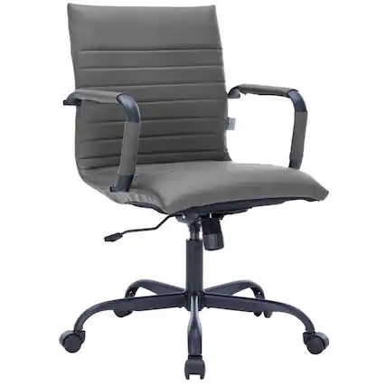 Front. LeisureMod - Harris Mid-Back Leather Office Chair Adjustable Height Tilt in Black Stainless Steel 360-Degree Swivel - Grey.