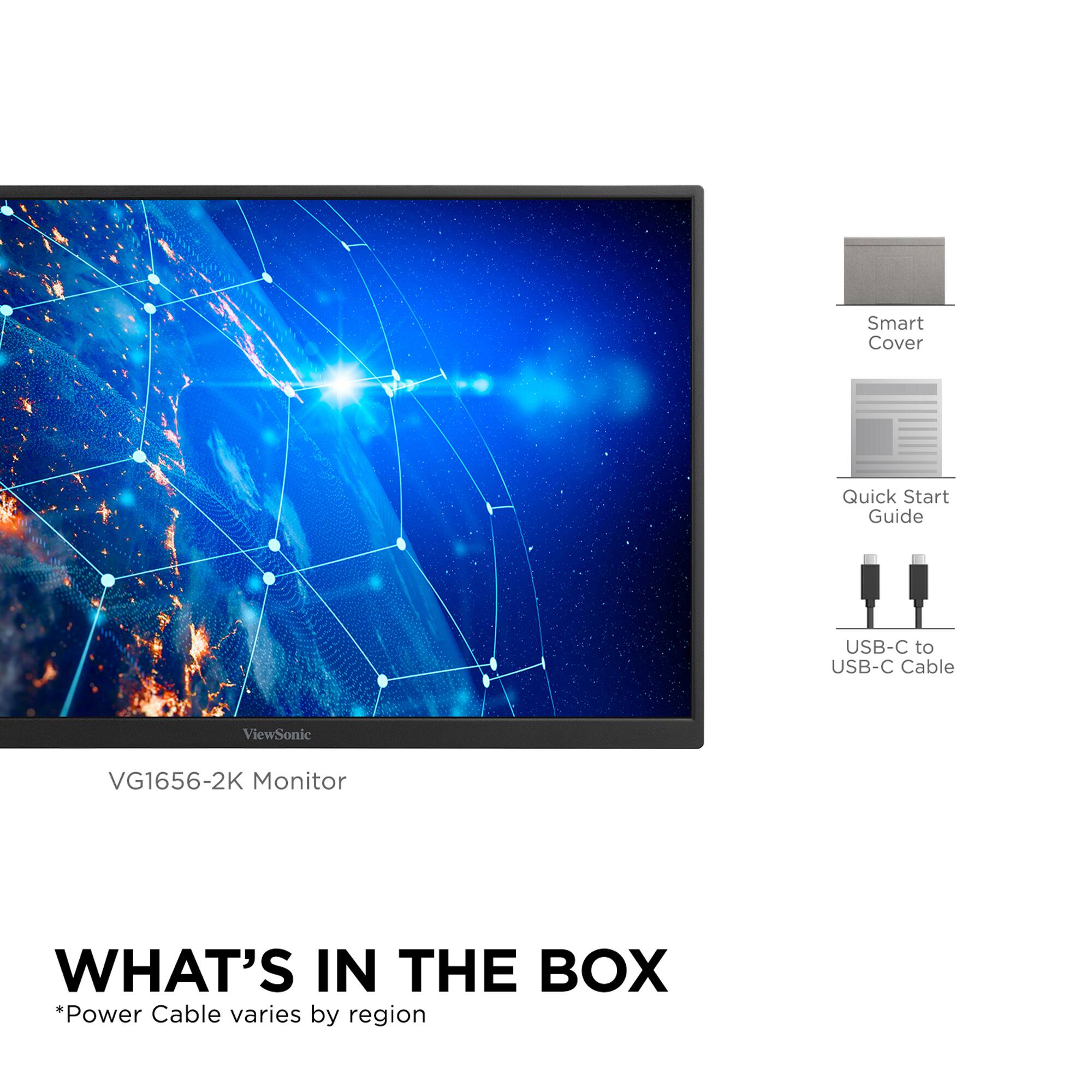 The text on the image reads: "What's in the box: Power Cable varies by region USB-C to USB-C Cable Quick Start Guide Smart Cover ViewSonic VG1656-2K Monitor."