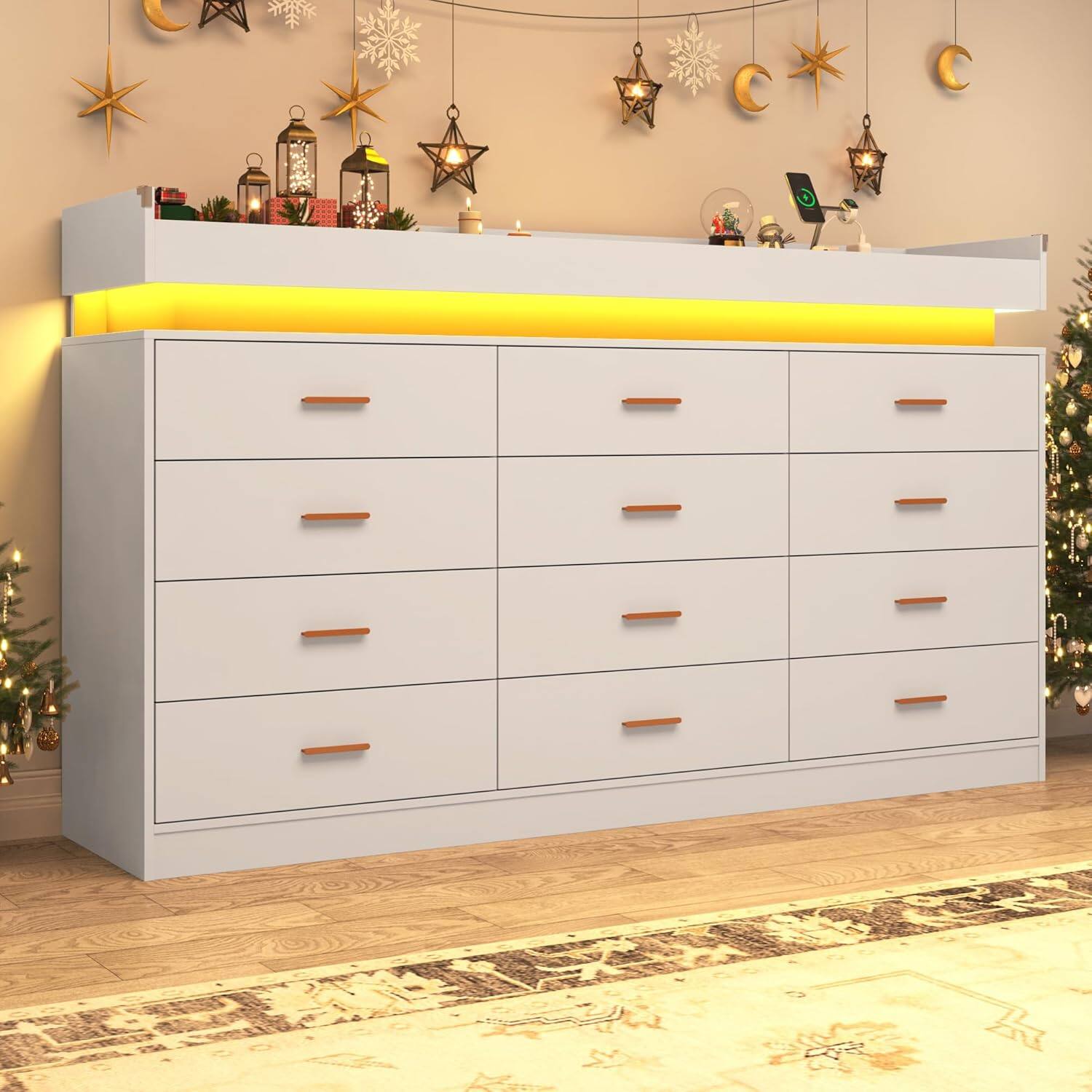 Alt View 3. Espafurni - 12 - Drawer Dresser with LED Light & Charging Station - Modern Chest for Bedroom, Living Room, Entryway & Hallway - White.