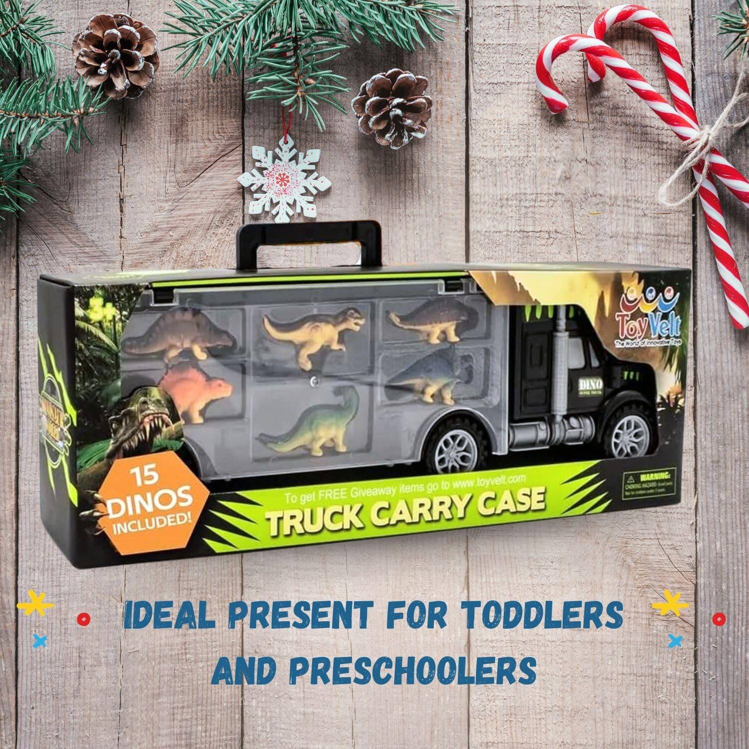 15 DINOS INCLUDED! To get FREE Giveaway items go to www.loyvelt.com CARRY CASE TRUCK A WARNING IDEAL PRESENT FOR TODDLERS AND PRESCHOOLERS