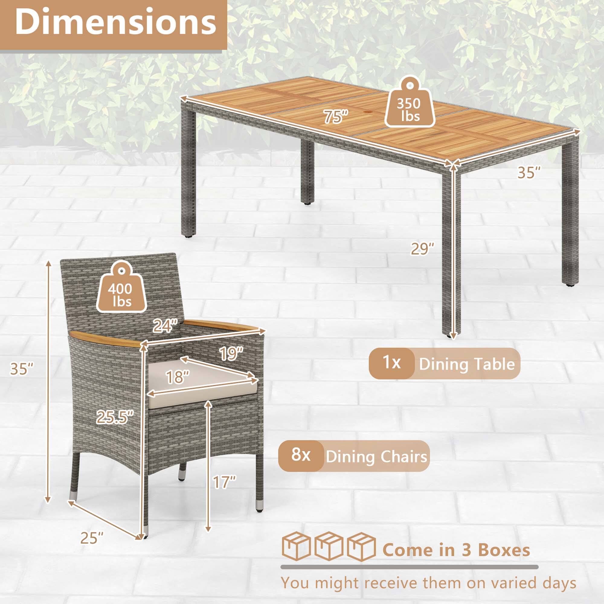 Dimensions: 75" x 350 lbs, 35" x 29" x 35" x 400 lbs, 24" x 18" x 19" x 1x Dining Table, 25.5" x 17" x 8x Dining Chairs, 25" Come in 3 Boxes, You might receive them on varied days.