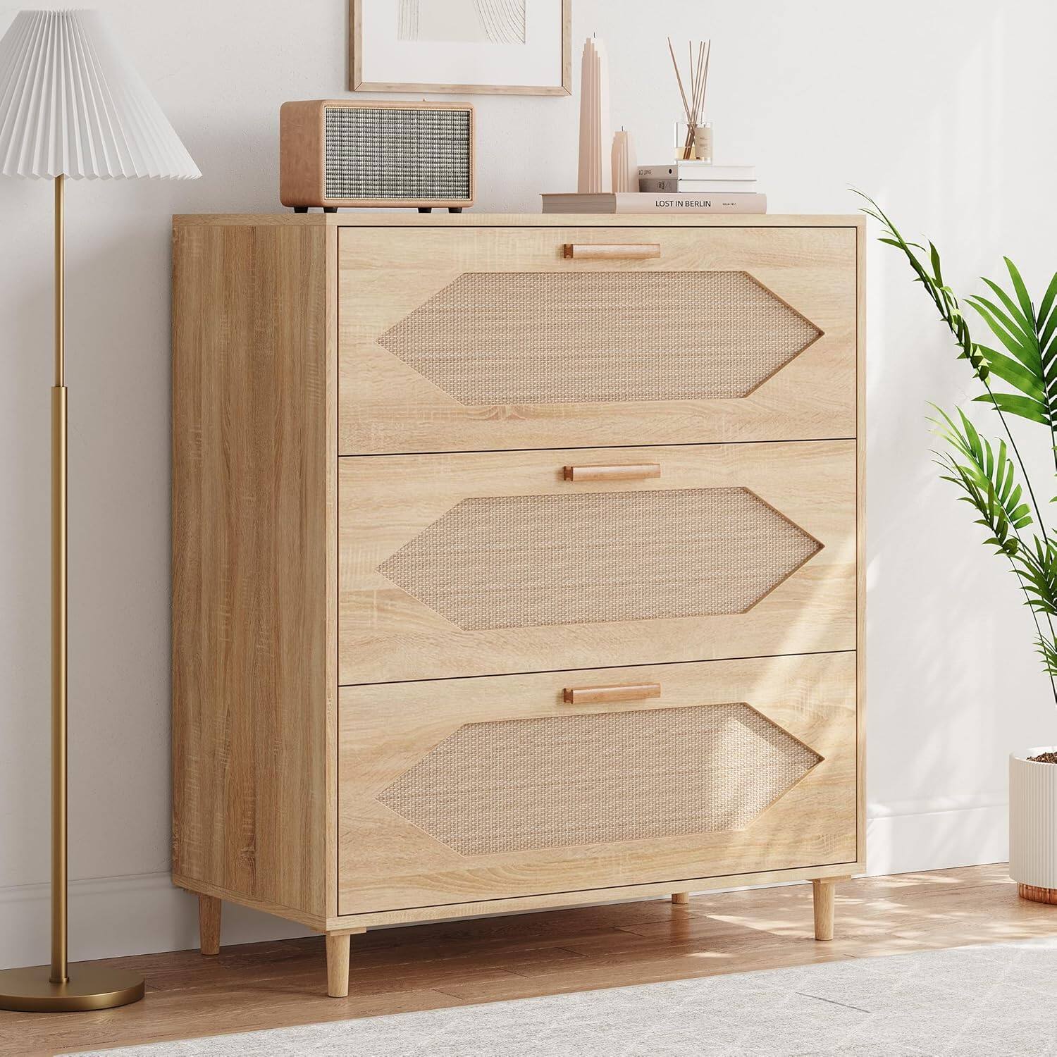 Alt View 3. Qeetex - 3 Drawer Rattan Dresser for Bedroom, Rattan Modern Dresser Wood Chest of Drawers, Wooden Storage Cabinets for Bedrooms - ‎Natural.