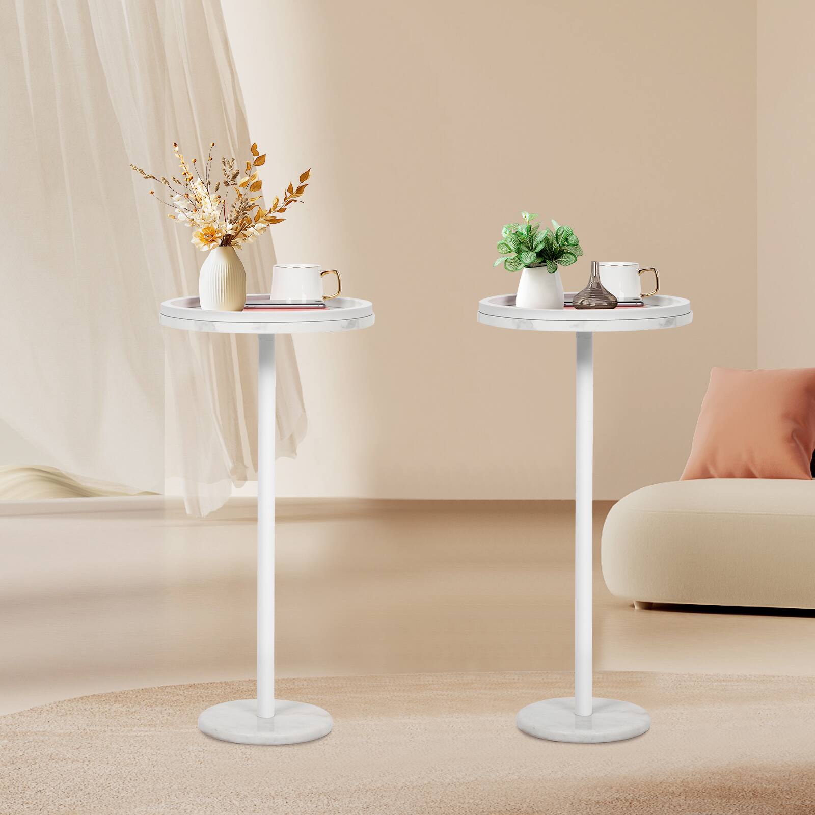 Alt View 1. Oumilen - Set of 2 White Marble Round Side Table with Raised Edge - White.
