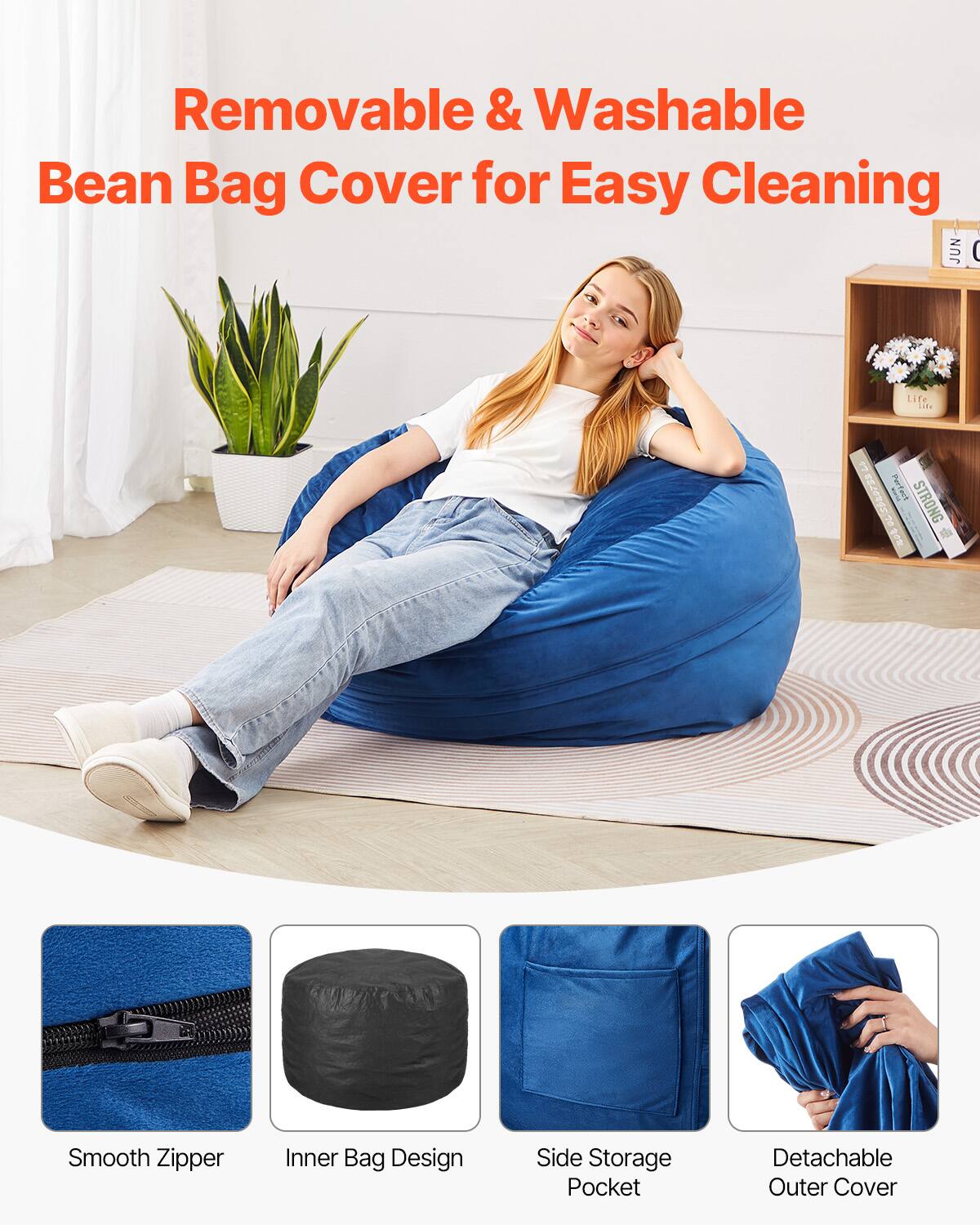 Removable & Washable  
Bean Bag Cover for Easy Cleaning  

- Smooth Zipper  
- Inner Bag Design  
- Side Storage Pocket  
- Detachable Outer Cover