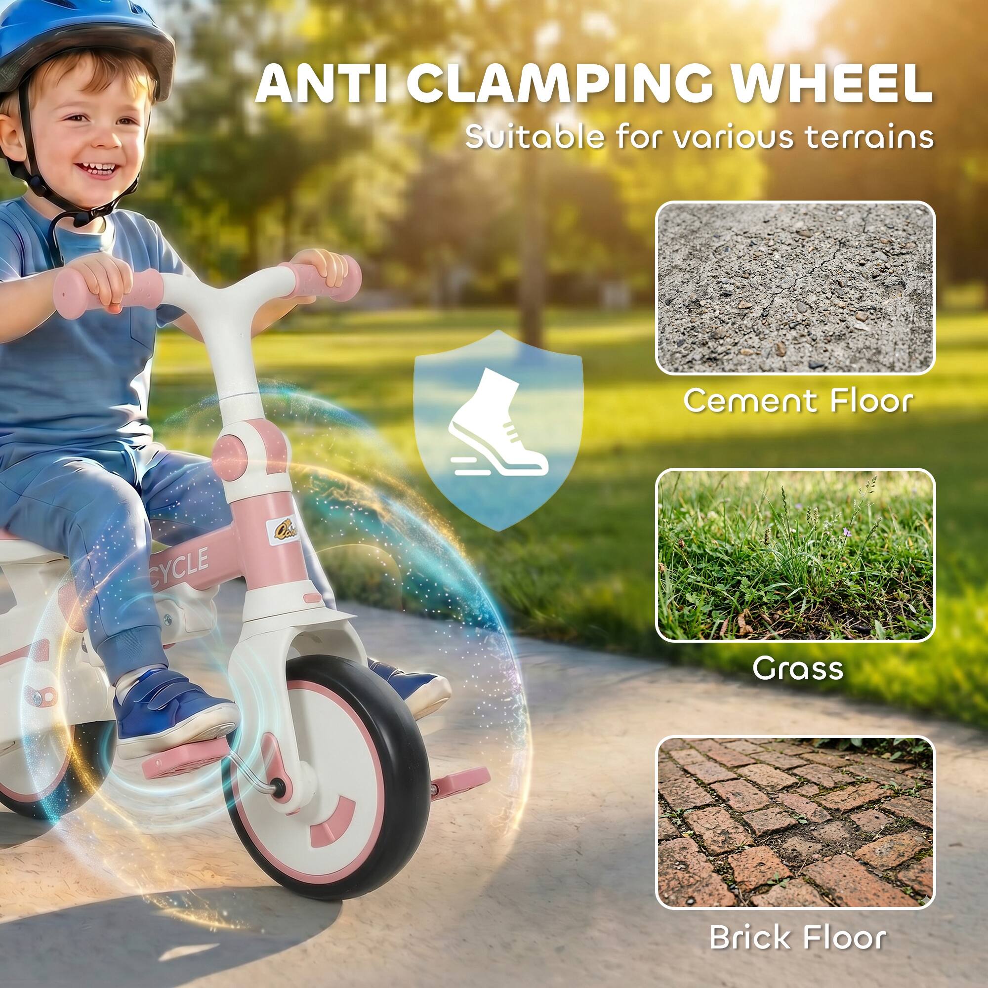 ANTI CLAMPING WHEEL  
Suitable for various terrains  
Cement Floor  
Grass  
Brick Floor