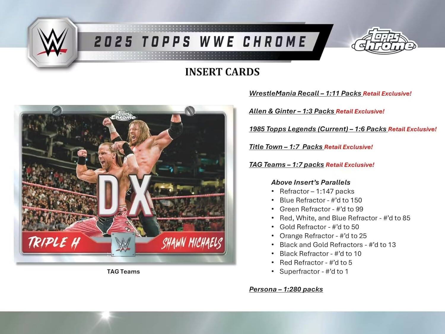 W 2025 TOPPS WWE CHROME INSERT CARDS

- WrestleMania Recall - 1:11 Packs Retail Exclusive!
- Allen & Ginter - 1:3 Packs Retail Exclusive!
- 1985 Topps Legends (Current) - 1:6 Packs Retail Exclusive!
- Title Town - 1:7 Packs Retail Exclusive!
- TAG Teams - 1:7 Packs Retail Exclusive!

Above Insert's Parallels
- Refractor - 1:147 Packs
- Blue Refractor - #'d to 150
- Green Refractor - #'d to 99
- Red, White, and Blue Refractor - #'d to 85
- Gold Refractor - #'d to 50
- Orange Refractor - #'d to 25
- Black and Gold Refractors - #'d to 13
- Black Refractor - #'d to 10
- Red Refractor - #'d to 5
- Superfractor - #'d to 1

Persona - 1:280 Packs