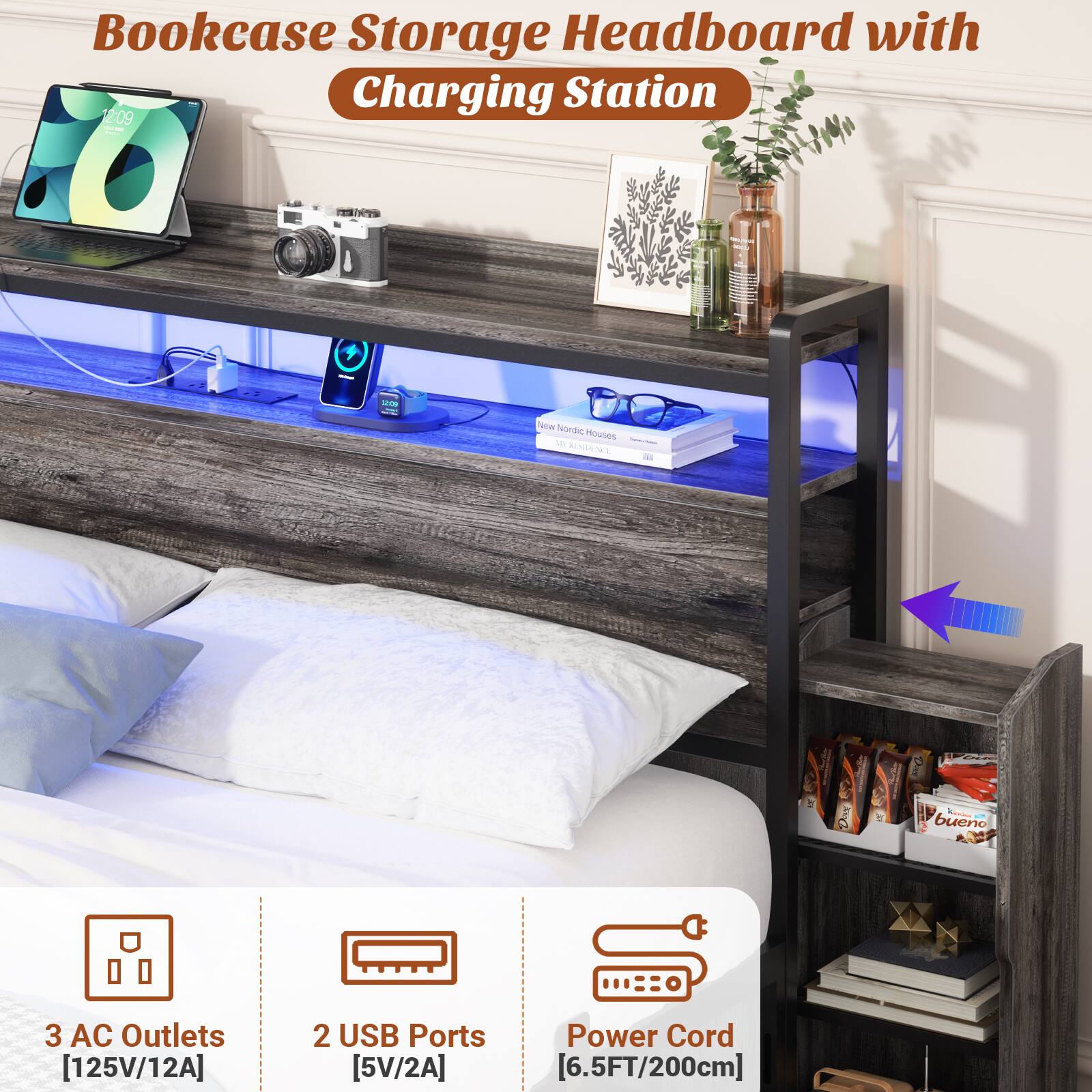 Bookcase Storage Headboard with Charging Station

- 3 AC Outlets [125V/12A]
- 2 USB Ports [5V/2A]
- Power Cord [6.5FT/200cm]