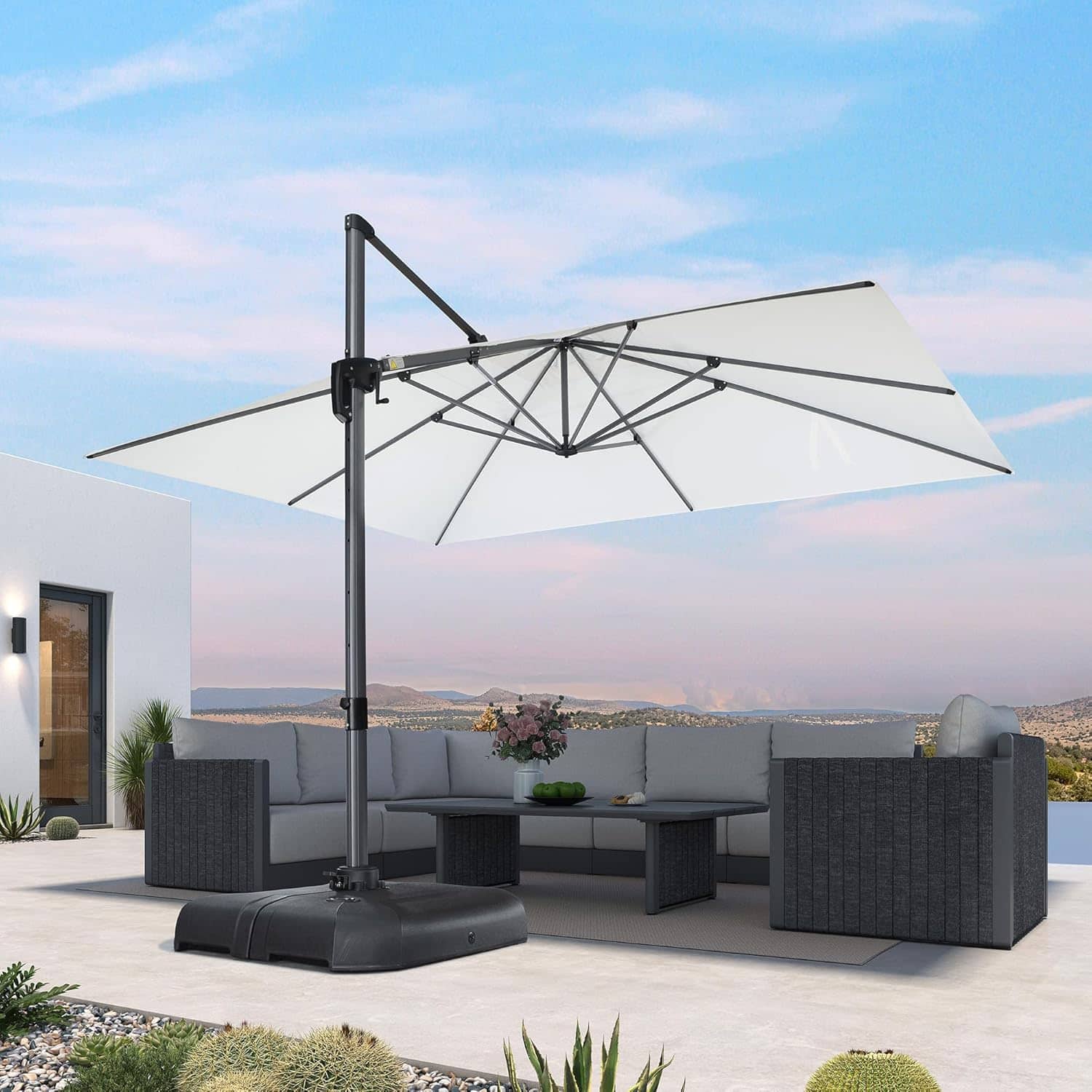 PURPLE LEAF - 10' X 13' Aluminum Outdoor Patio Cantilever Umbrella Offset 360° Rotation Umbrella with Base for Garden Deck Pool - White