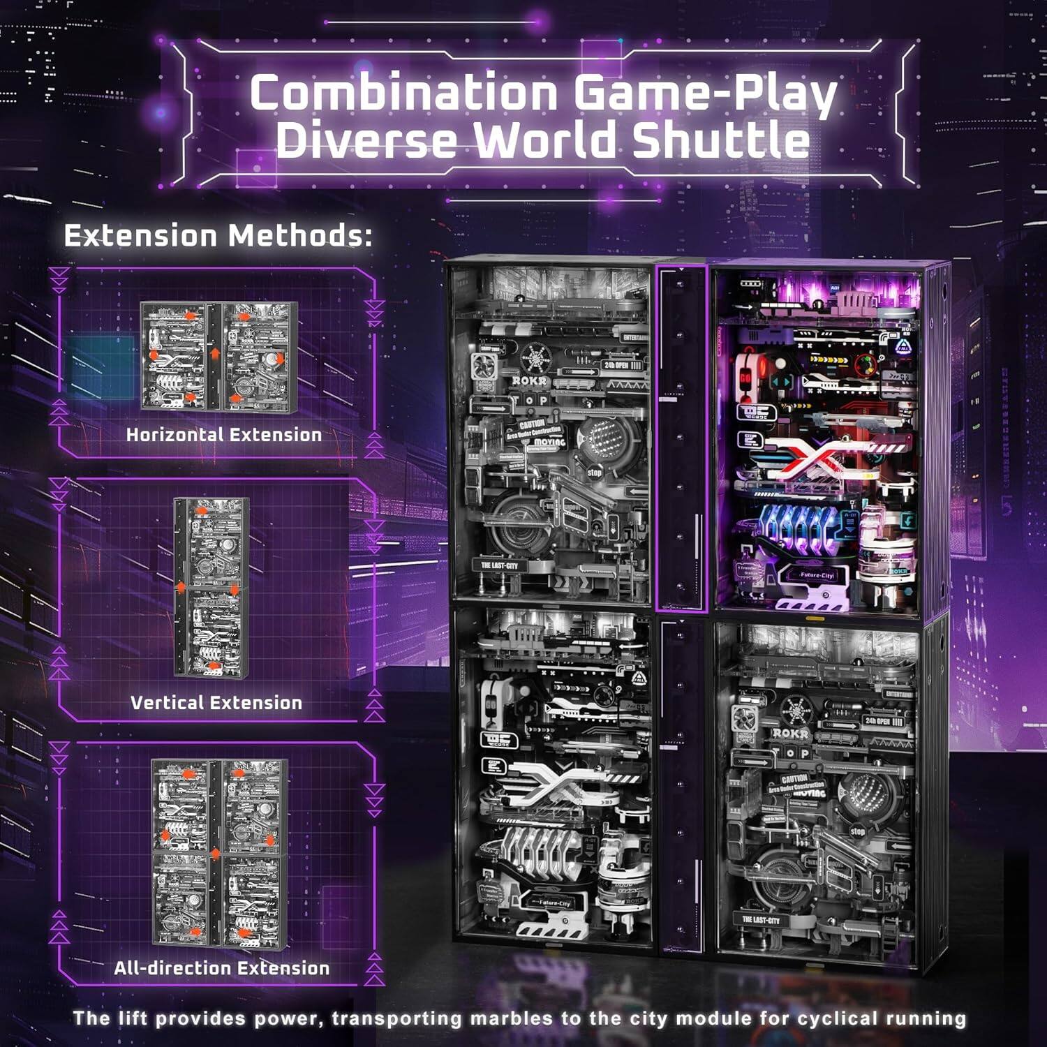 Combination Game-Play Diverse World Shuttle

Extension Methods:
- Horizontal Extension
- Vertical Extension
- All-direction Extension

The lift provides power, transporting marbles to the city module for cyclical running.