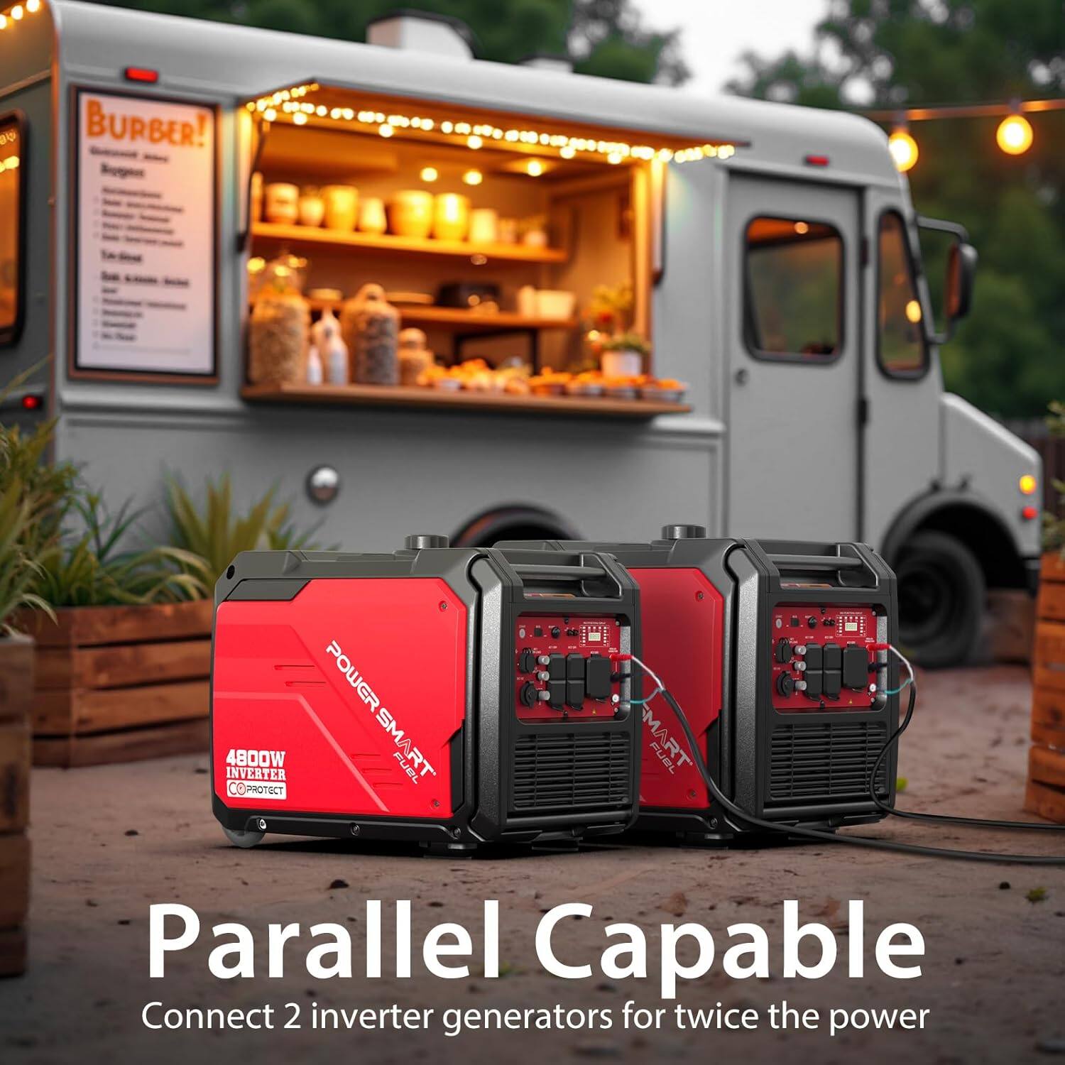 BURBER!  
POWER MART MA INVERTER 4800W CO PROTECT SMART FUEL FUEL RT Parallel Capable  
Connect 2 inverter generators for twice the power