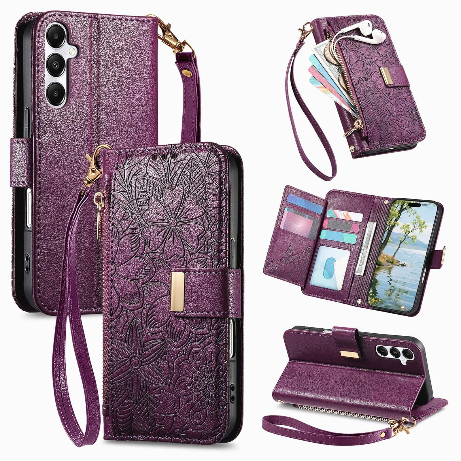 UUCOVER - Floral PU Leather Wallet Case for Samsung Galaxy A16 5G with Zipper Pocket, Cash Card Slot, Shoulder & Wrist Strap - Purple price history on PriceWatchPro